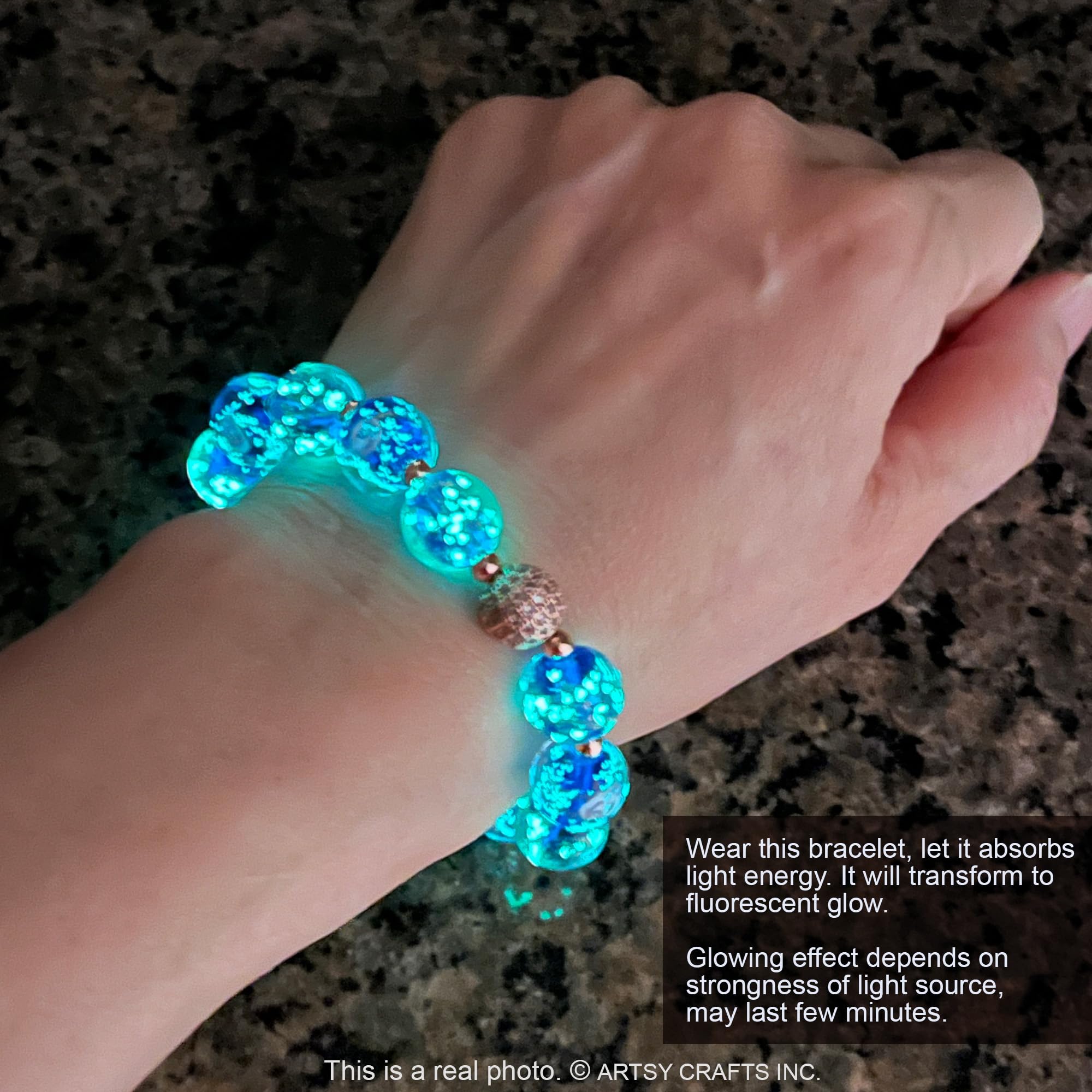 Glow in The Dark Firefly Beads Bracelet - Ocean Blue Luminous Murano Glass Beads Jewelry for Women, Mermaid Crystal Healing Inspirational Bangle - Perfect for Night Parties, Beach Wear & Spiritual Healing