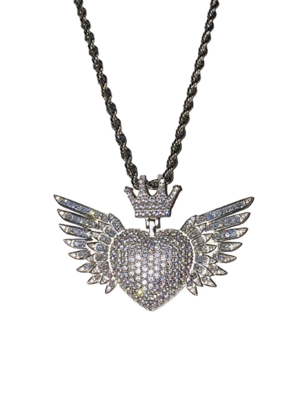 925 Sterling Silver Angel Heart Pendant Necklace for Men & Women - Italian White Gold Finish Iced Out Charm with 3mm Stainless Steel Rope Chain (16
