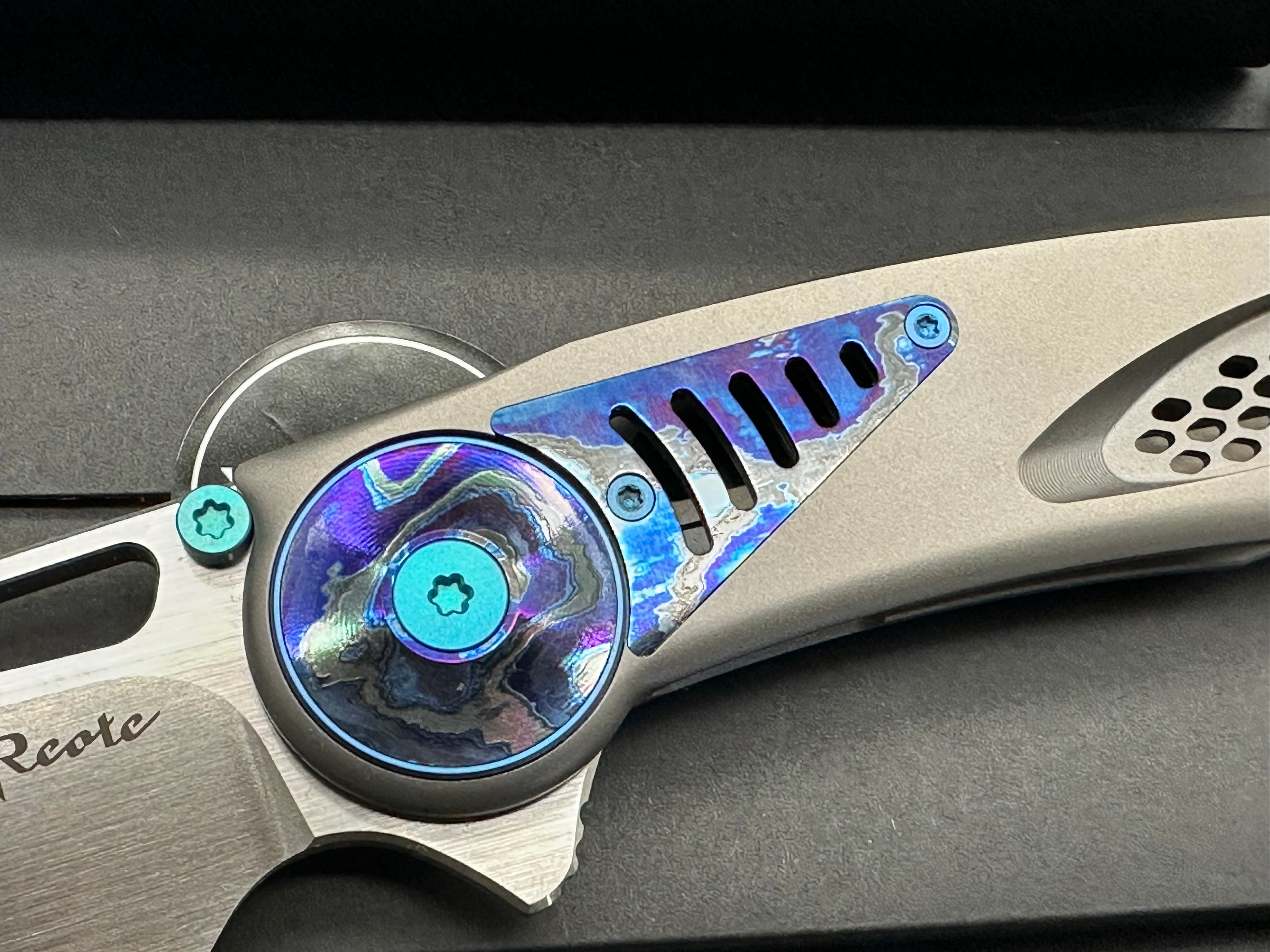 Reate Knives & Alvin Lee GTR - Grey Milled Integral Titanium Handle with Zirconium Inlays & Blue Anodized Accents - Premium EDC Folding Knife for Outdoor, Camping & Everyday Carry