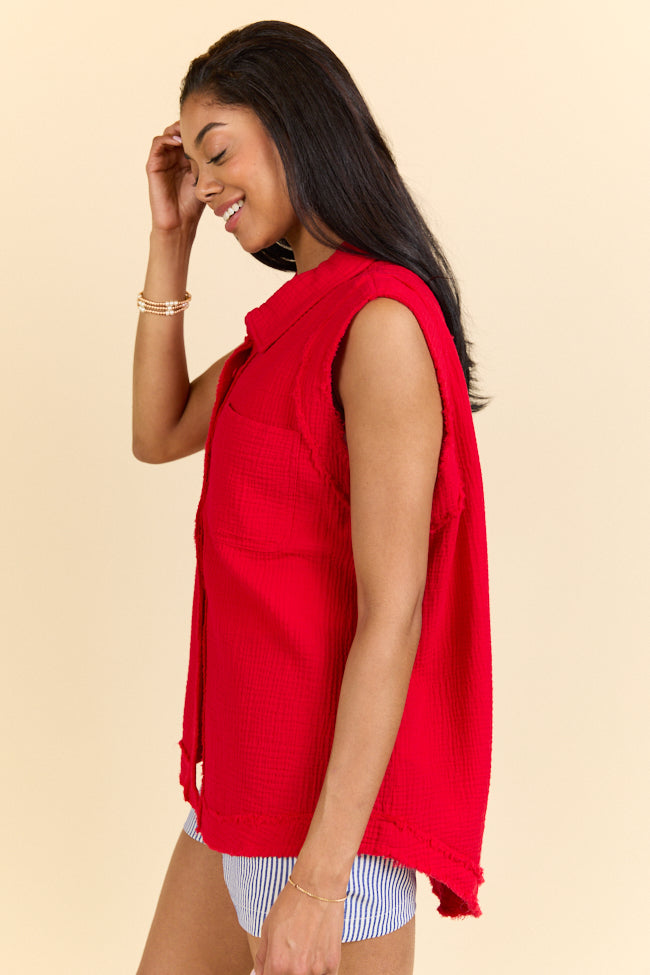 Every Moment Matters Red Gauze Tank Top - Women's Boho Summer Beachwear for Casual Outings & Music Festivals