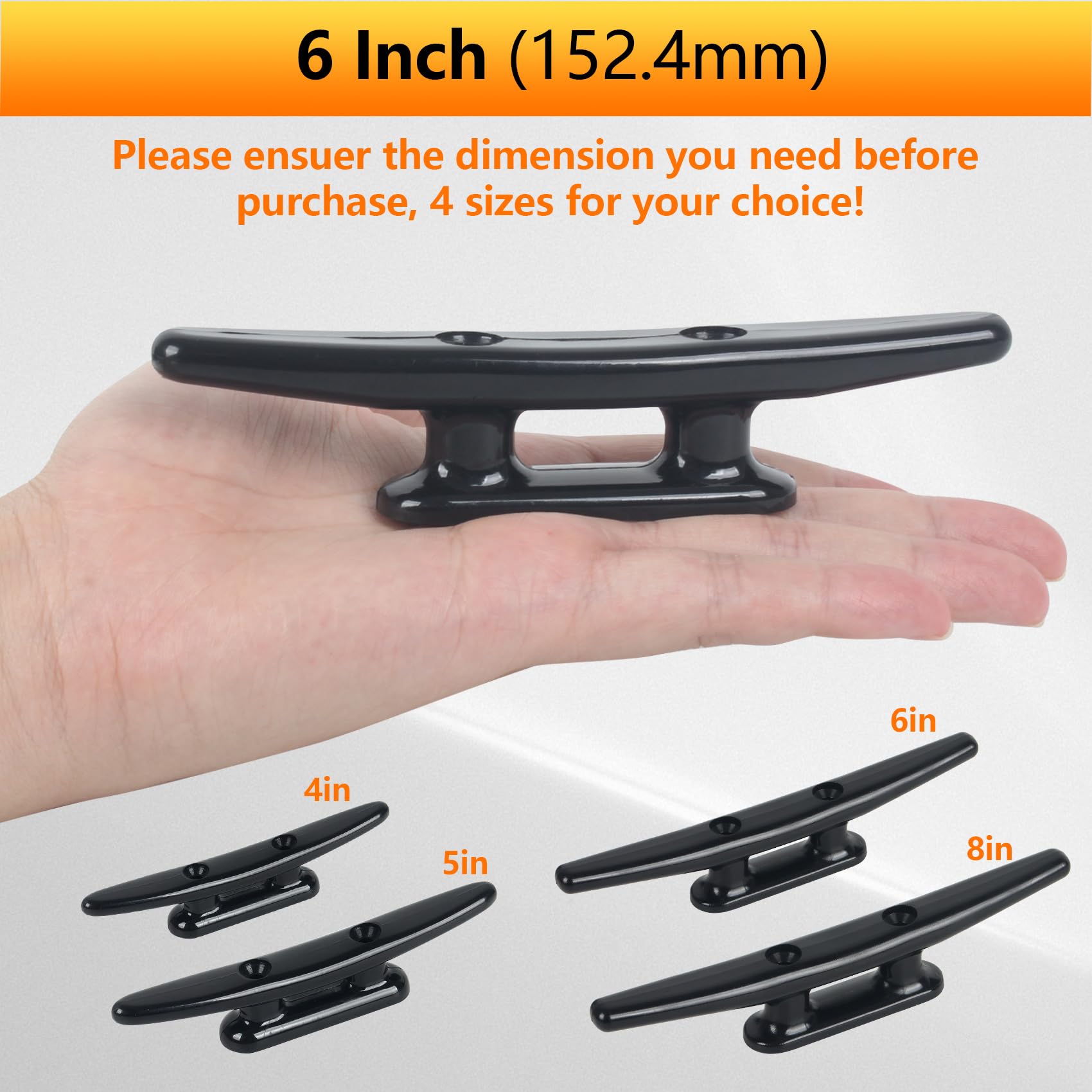 Nylon Boat Cleat 4-8 Inch Black - Marine Dock Cleats with Bolts for Boats & Decks (4/6 Pack)