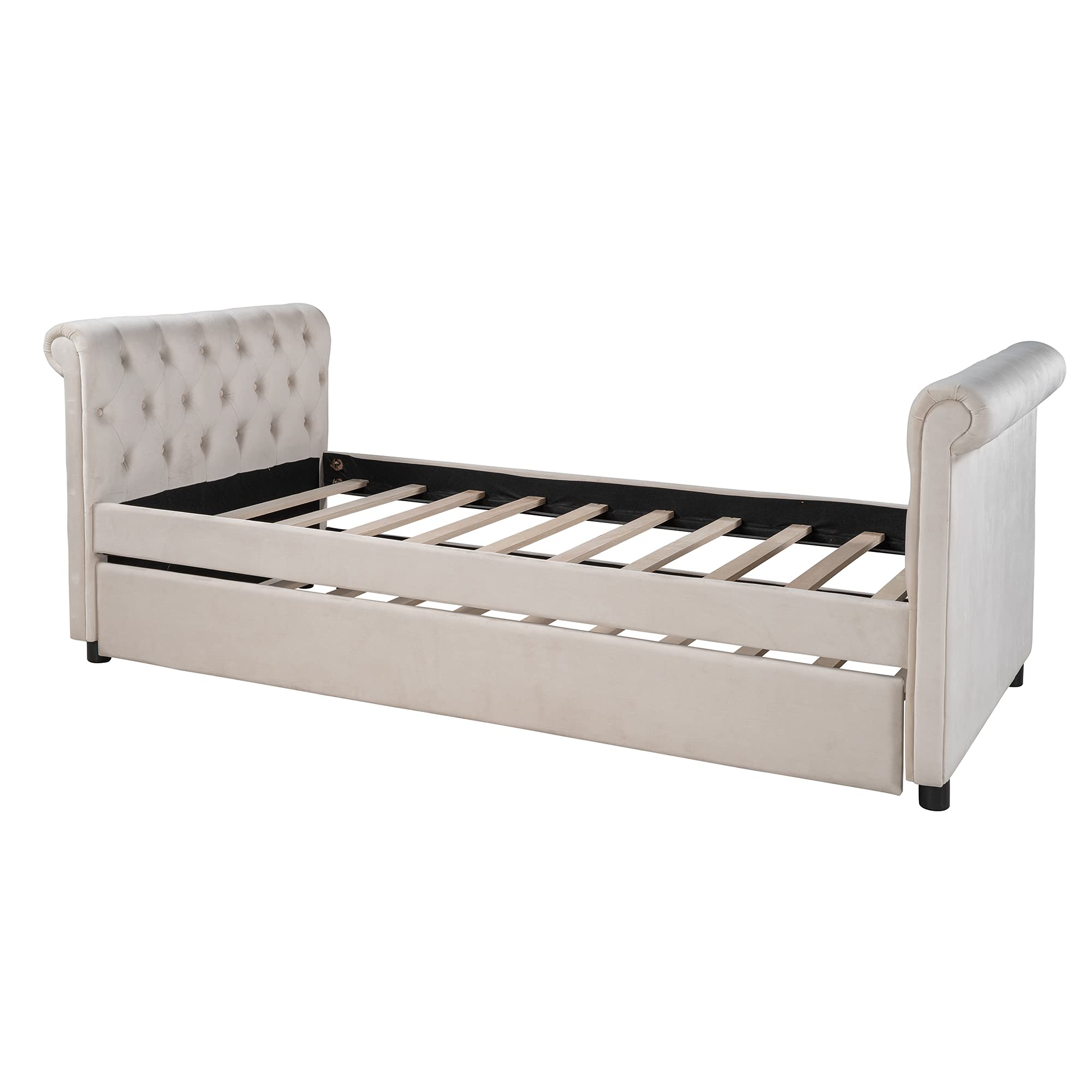 Double Upholstered Day Bed with Trundle - Tufted Curved Arm Sofa Bed with Wood Slat Support - Convertible Guest Bed for Living Room, Bedroom & Small Spaces (Beige) - Perfect for Overnight Guests, Reading Nook & Space-Saving Solutions