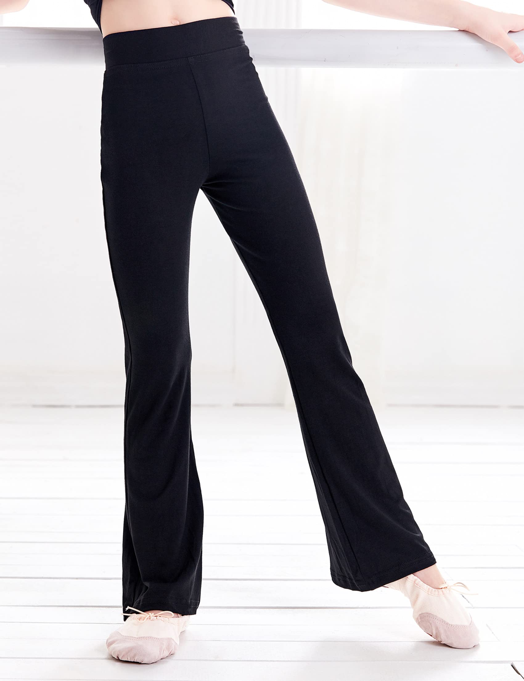 **Phoeswan High Waisted Flare Leggings for Girls - Cotton Black Bell Bottom Pants, Full Length Jazz Dance Yoga Pants - Perfect for Dance, Yoga & Casual Wear**