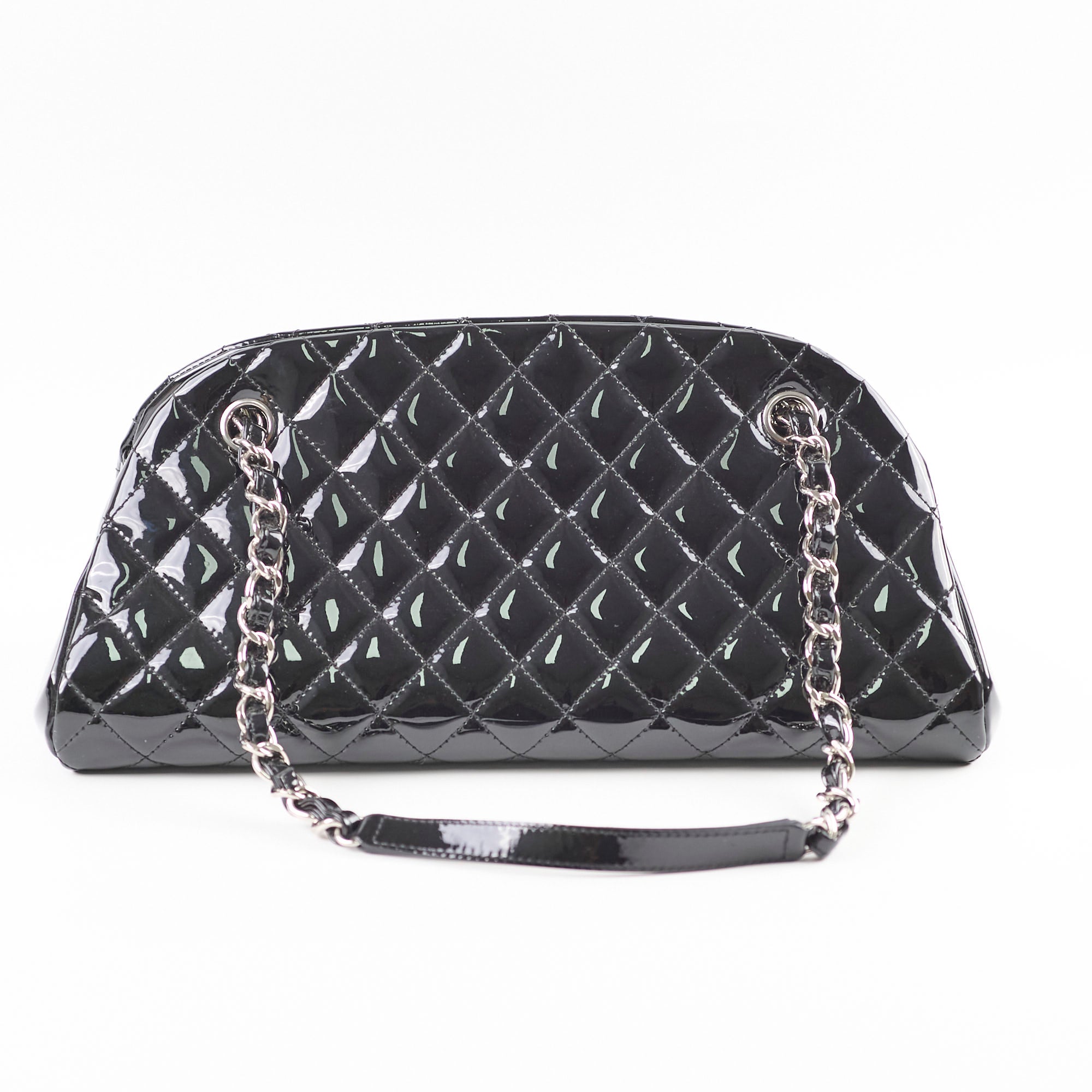 Chanel Mademoiselle Matelasse Coco Mark Bowling Bag in Patent Black Leather - Luxury Designer Handbag for Women, Perfect for Work, Travel & Evening Events
