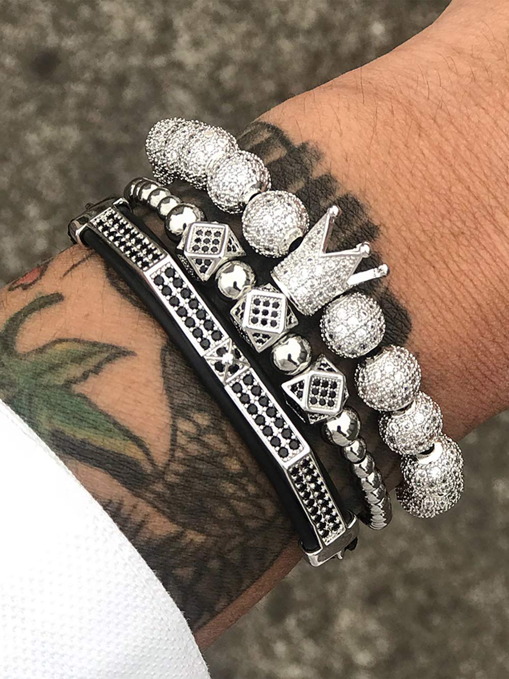 WFYOU Imperial Crown Bracelets for Men - 18kt Gold Plated Cubic Zirconia Beaded Cross Charm Bracelet - Luxury Jewelry Gift for Him - Perfect for Weddings, Anniversaries & Special Occasions