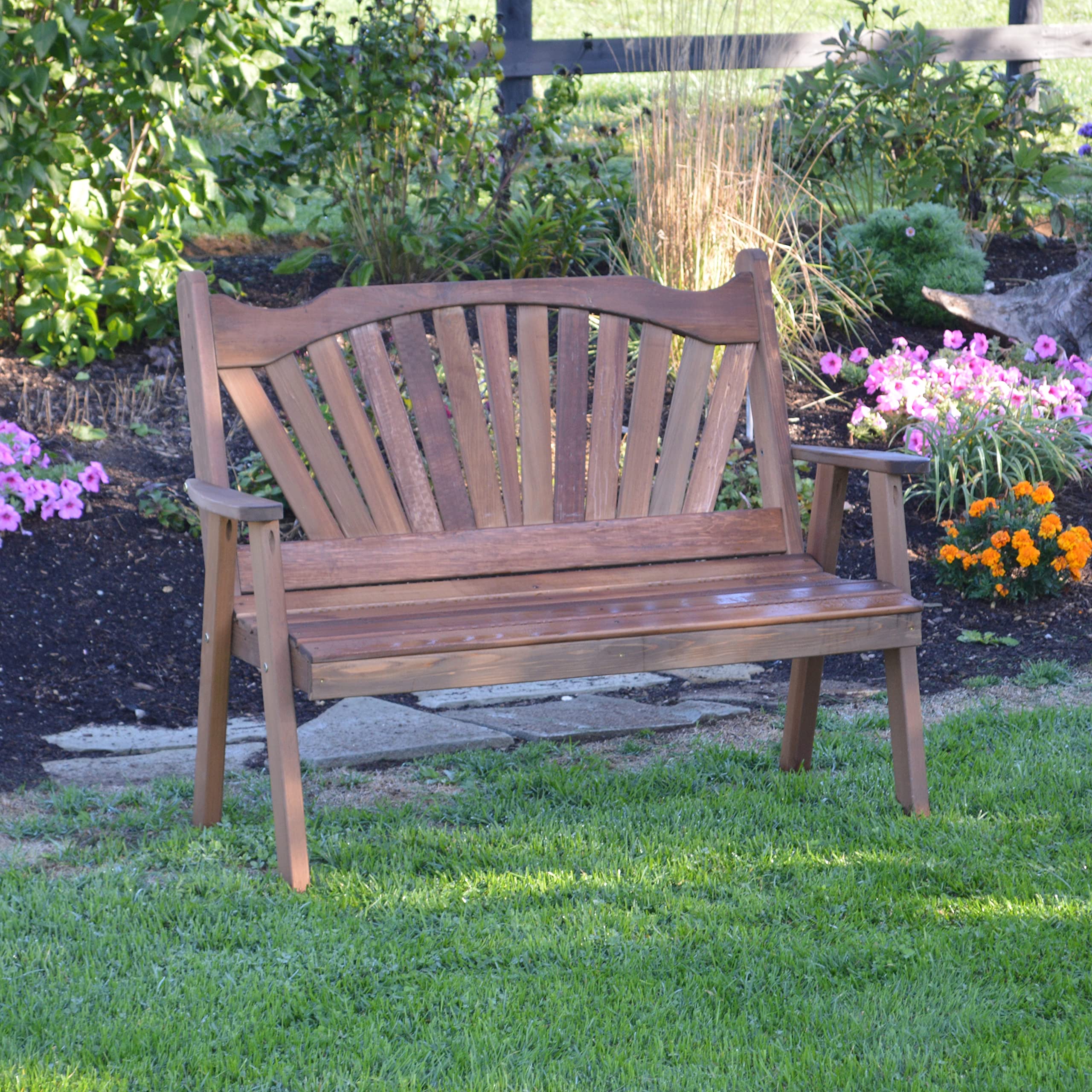 Furniture Barn USA 4ft Cedar Fanback Garden Bench with Walnut Stain - Perfect for Outdoor Patio, Porch, and Backyard Relaxation