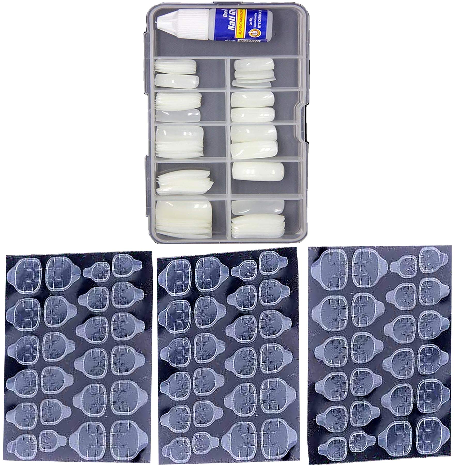 Professional Clear White Shining Artificial Fake Nails - 100pcs Empress Curve Tips with 3 Sheets Double Sided Nail Glue Stickers & 5g Glue | Complete Nail Art Kit for Salon, Home Manicure & Special Occasions