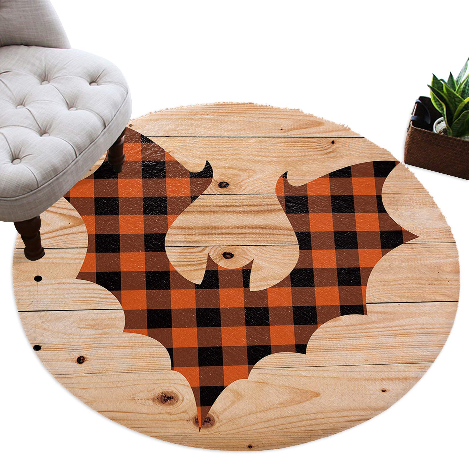 **Halloween Bat Yellow Plaid Wood Grain Shag Area Rug - Non-Slip Soft Plush Round Rug for Kids Room, Nursery, Living Room & Bedroom - 5ft Modern Home Decor Floor Mat (Perfect for Halloween Decor & Cozy Spaces)**