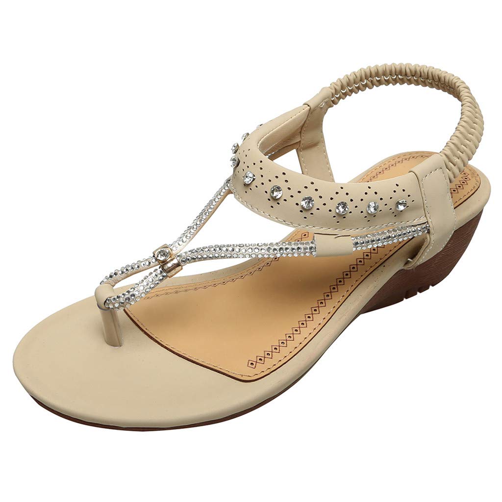 Women's Bohemian Beach Wedge Sandals with Elastic Band - Casual String Bead Fashion Shoes for Ladies | Perfect for Summer Vacations, Beach Outings & Boho Style Outfits