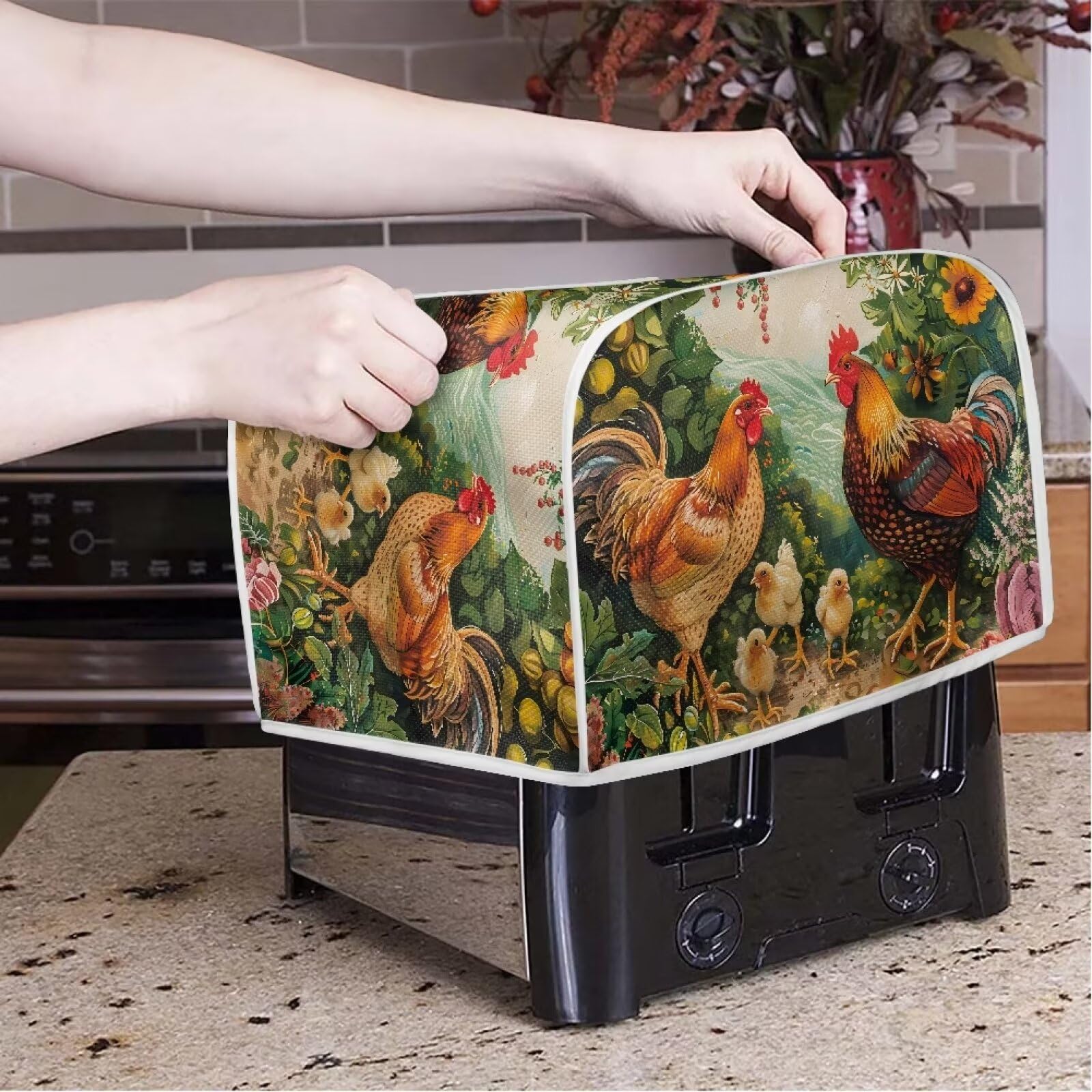 Rooster Chicken 4-Slice Toaster Cover - Washable Kitchen Appliance Protector for Bread Makers | Dust & Grease Proof Toaster Cover | Decorative & Anti-Scratch Design | Perfect for Home, Office, or Restaurant Use