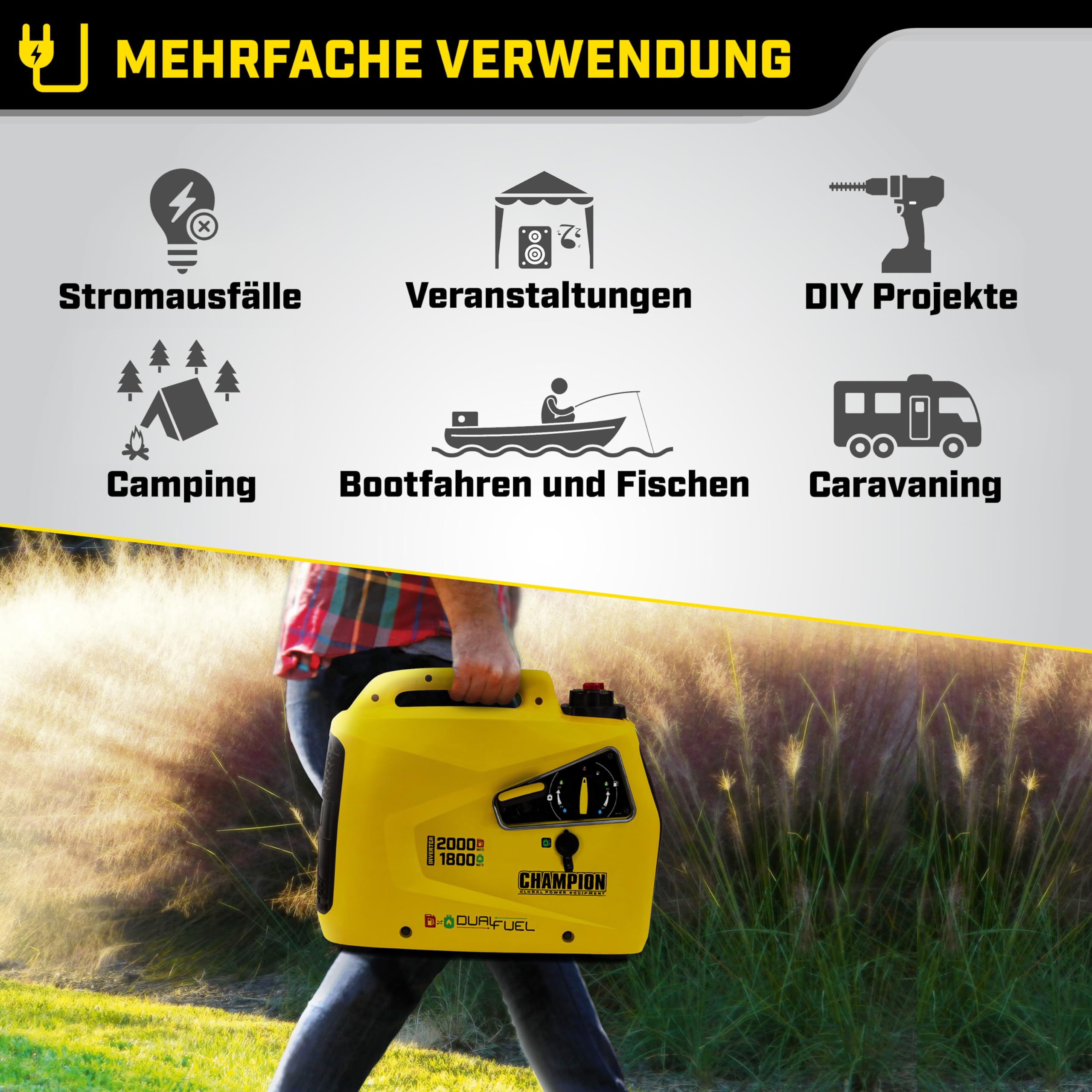 Champion 8200i-E-DF-EU 2000W Dual Fuel Inverter Generator - Gasoline & Propane Powered, Ultra Quiet, LED Display - Perfect for Camping, RV Trips & Emergency Backup Power (Yellow)