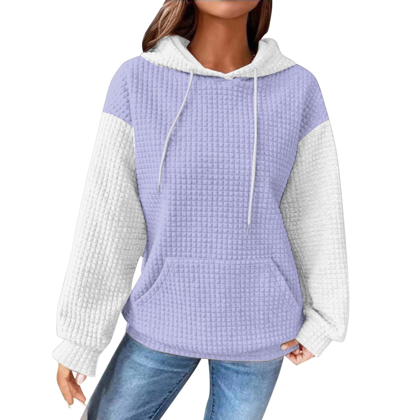 Women's Colorblock Waffle Hoodie - Casual Drawstring Long Sleeve Sweatshirt - Vintage Pullover Top for Workout & Activewear - Perfect for Gym, Yoga, Running & Outdoor Activities