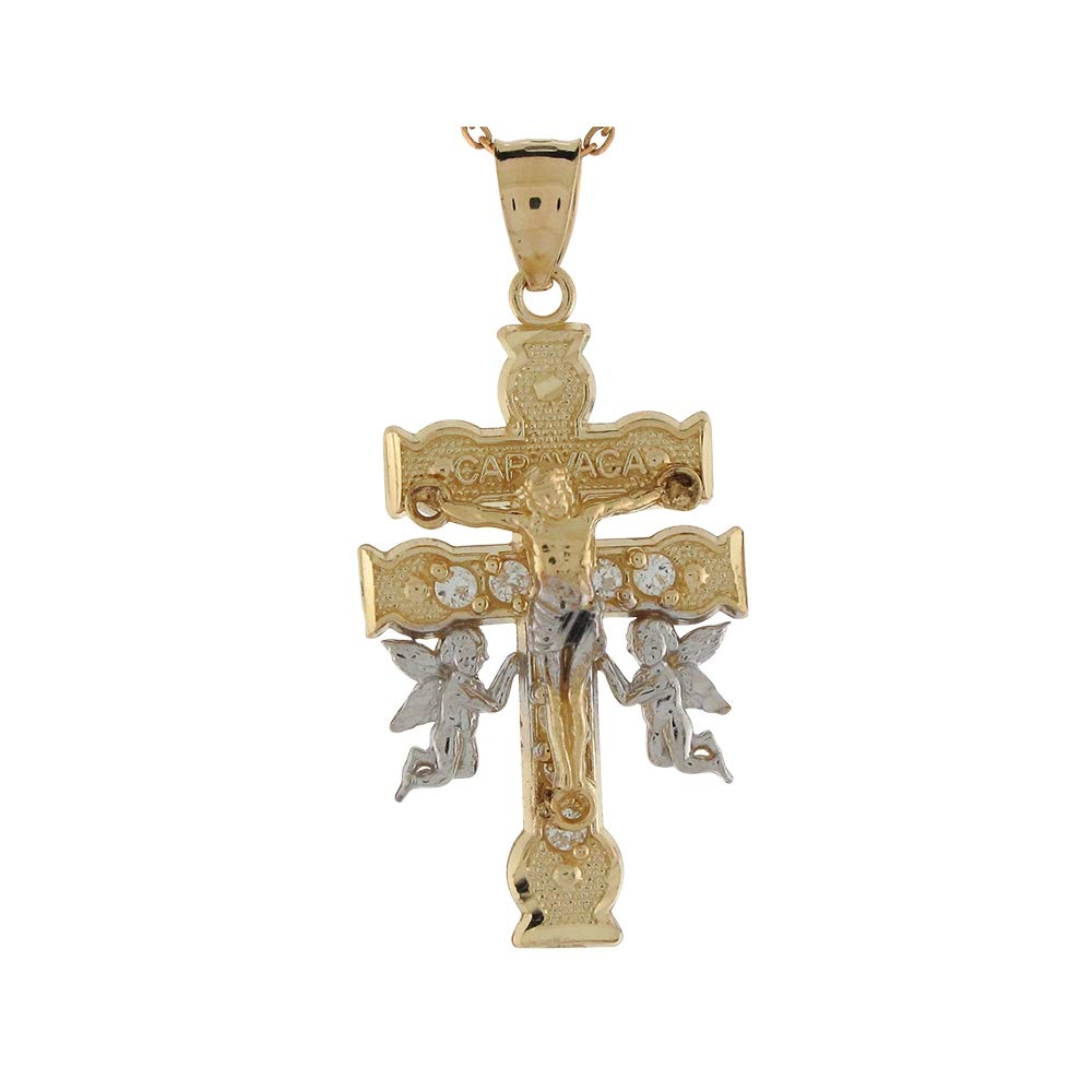 14K Two Tone Gold CZ Accent Caravaca Cross Pendant with Jesus & Angels - Religious Jewelry for Women, Baptism Gifts, First Communion, Confirmation & Everyday Faith Wear