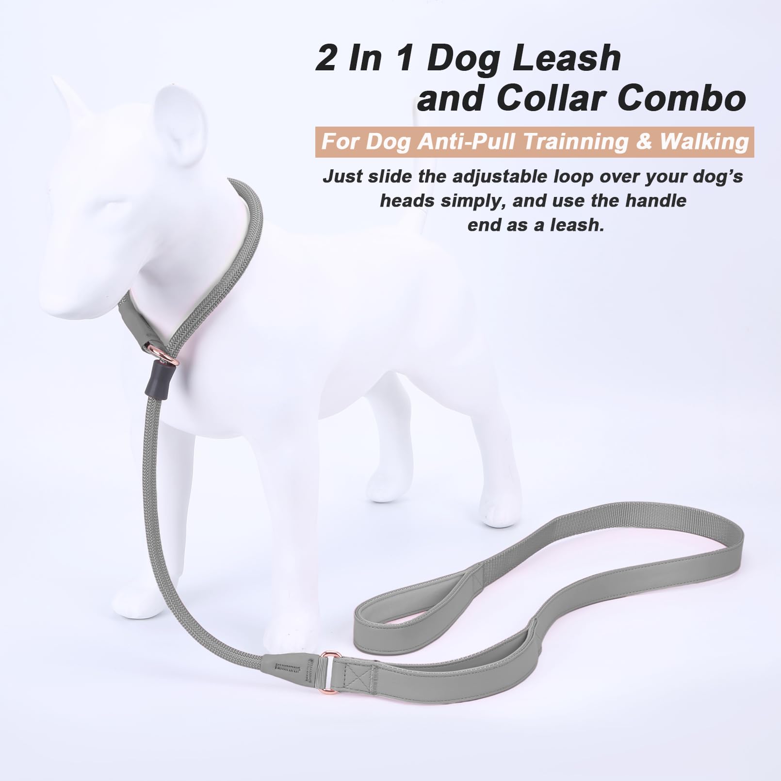 Premium Slip Lead Dog Leash - Double Handle Training Leash with Soft Leather & Heavy Duty Nylon - No Pull Walking for Small, Medium & Large Dogs (6ft, Grey) - Perfect for Obedience Training, Daily Walks & Outdoor Adventures