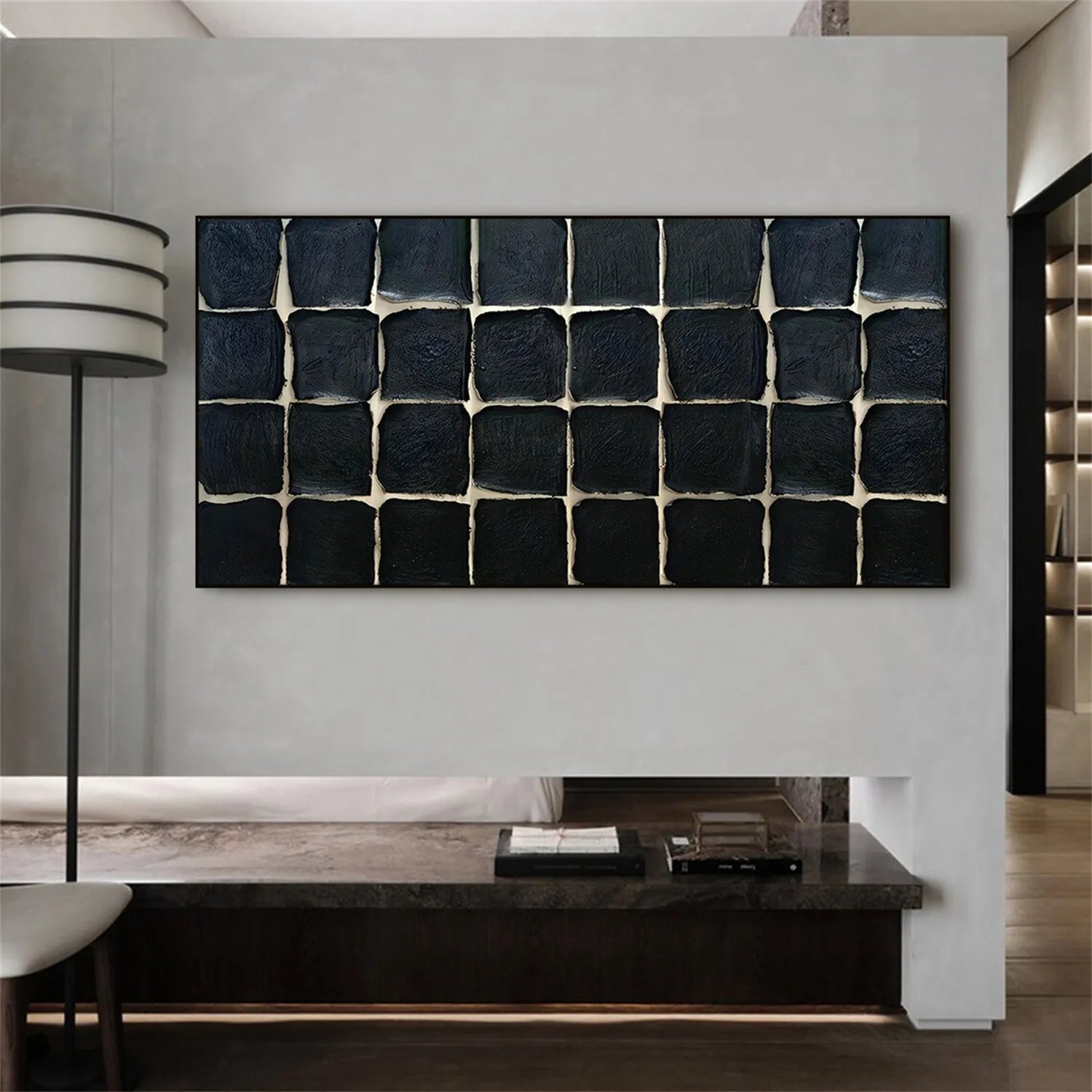 Black Plaster Art Minimalist Textured Painting - Modern Abstract Wall Decor for Living Room, Bedroom & Office - #MZ109