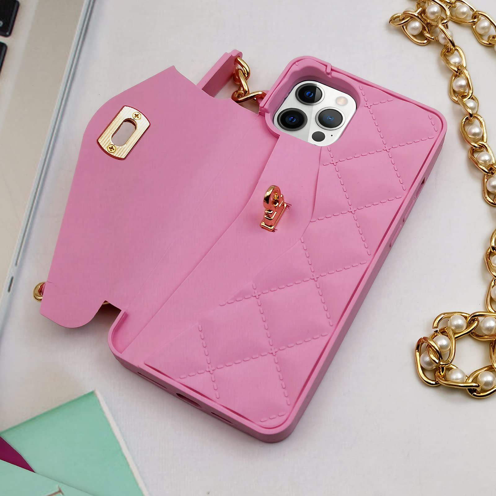Luxury iPhone 13 Pro Max Wallet Case with Card Holder & Pearl Chain Strap - Soft Silicone Phone Cover with Wristlet & Crossbody Lanyard for Women (Pink) - Perfect for Everyday Use, Shopping & Travel Accessories