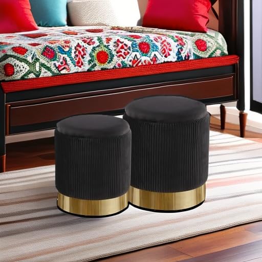 2-Pack Black Velvet Round Storage Ottomans for Living Room, Bedroom & Dorm - Multi-Functional Footrest & Seat with Hidden Storage | Perfect for Small Spaces, Home Decor & Extra Seating