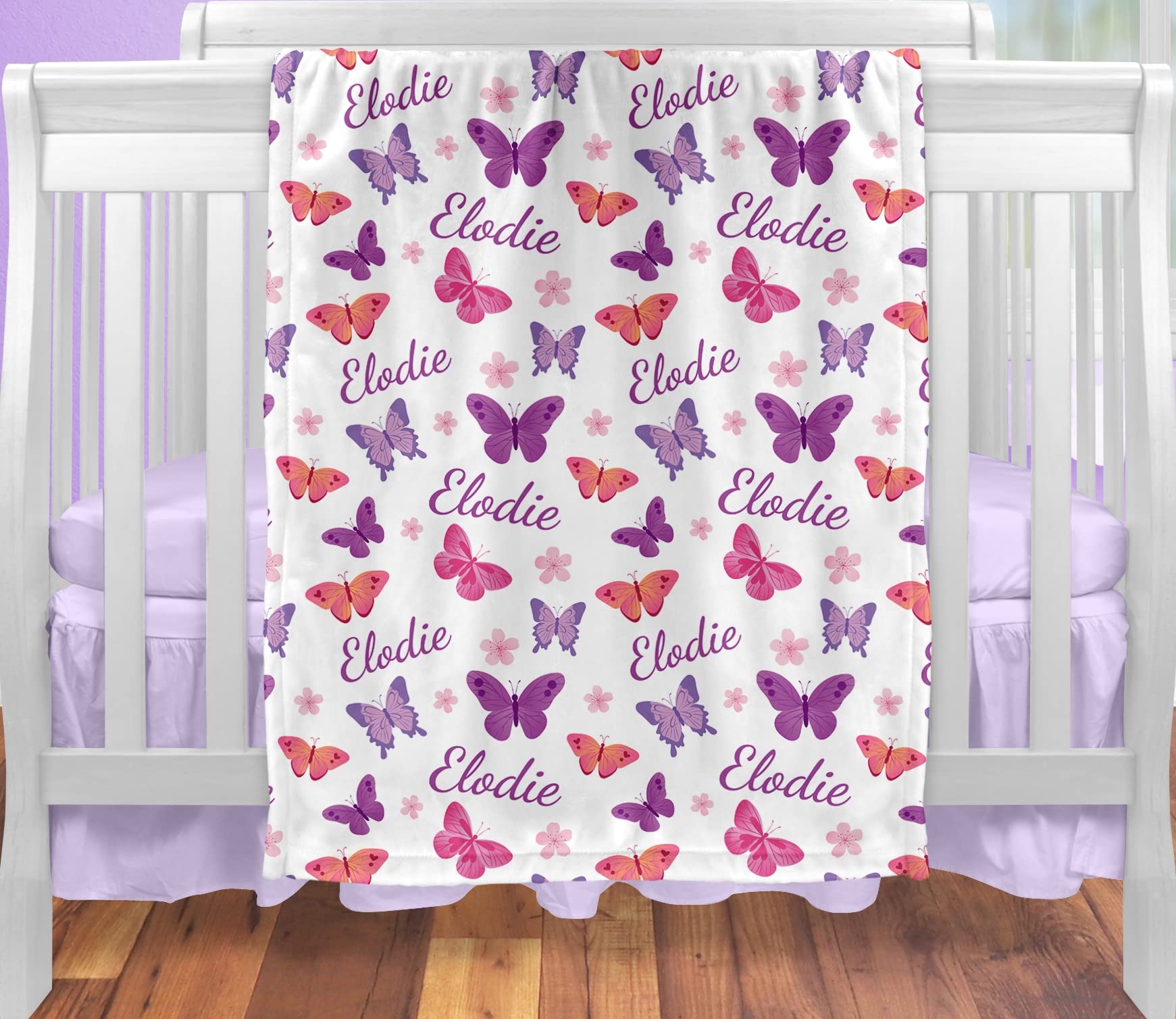 Personalized Baby Blankets for Girls with Name & Purple Butterflies - Custom Embroidered Blanket Gift for Newborn, Infant, Toddler - Perfect for Baby Shower, Birthday, Christmas Presents - Soft Nursery Blanket for Crib, Stroller & Snuggling