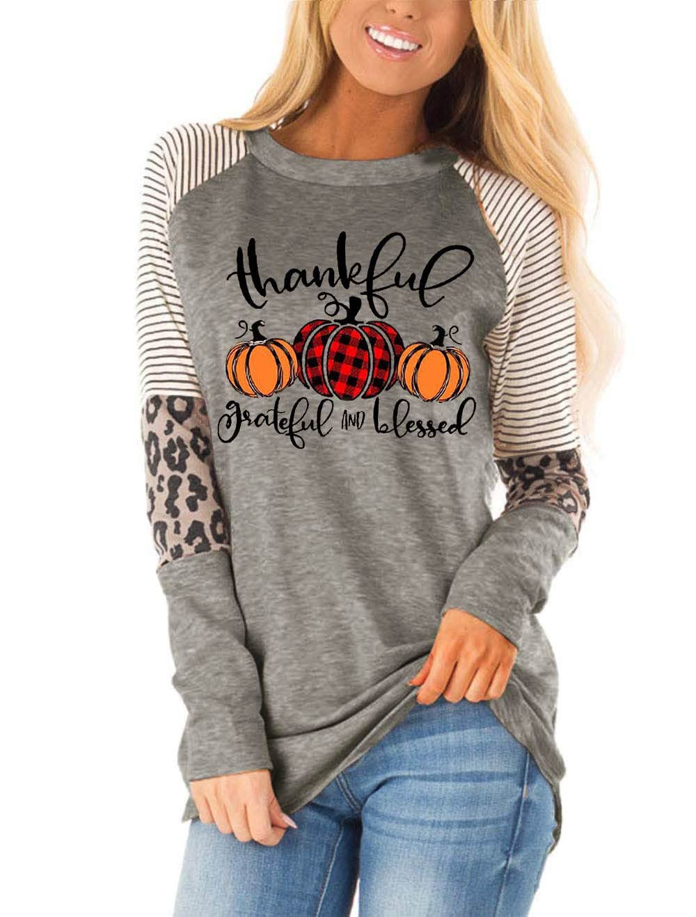 Thankful Grateful Blessed Women's Plaid Pumpkin Thanksgiving T-Shirt - Cozy Fall Graphic Tee with Leopard Stripe Color Block Design | Perfect for Autumn Outfits, Thanksgiving Gatherings & Casual Wear
