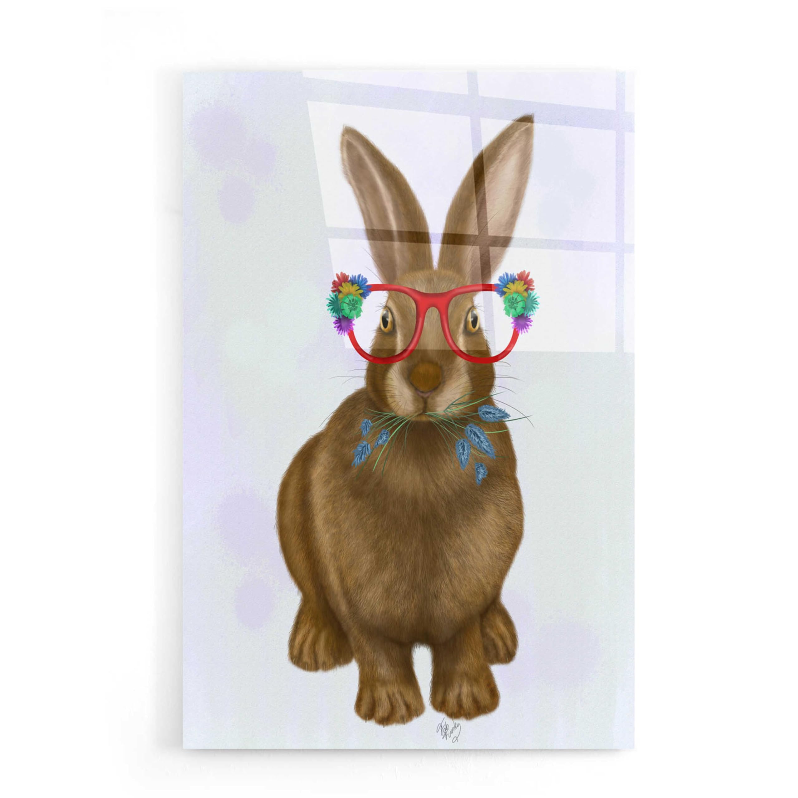 Fab Funky 'Rabbit and Flower Glasses' Acrylic Wall Art - 16x24 Inch Modern Home Decor for Living Room, Bedroom & Office