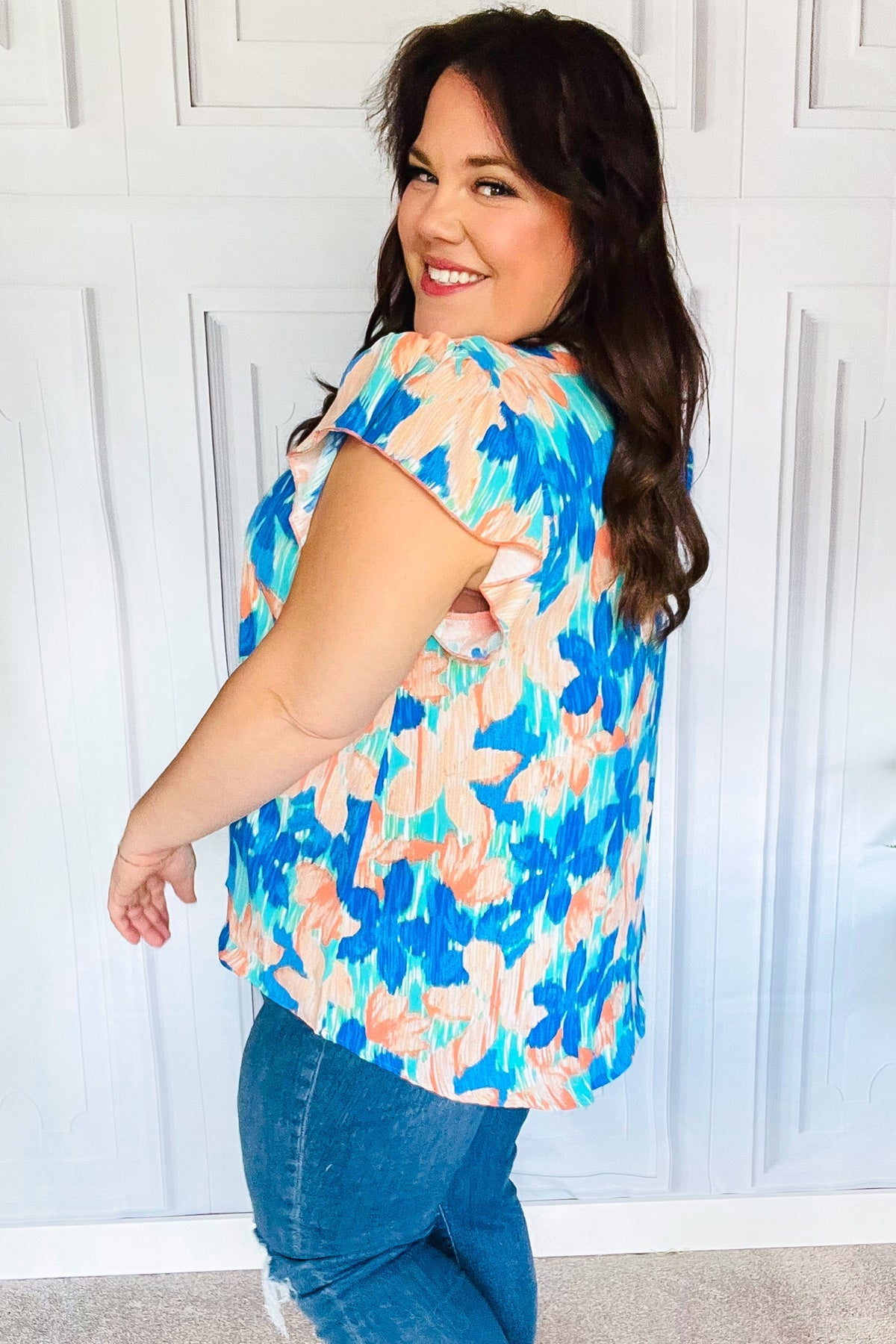 Haptics Tropical Breeze Turquoise Floral Banded V-Neck Flutter Sleeve Blouse for Women - Summer Beach Vacation & Boho Chic Outfit
