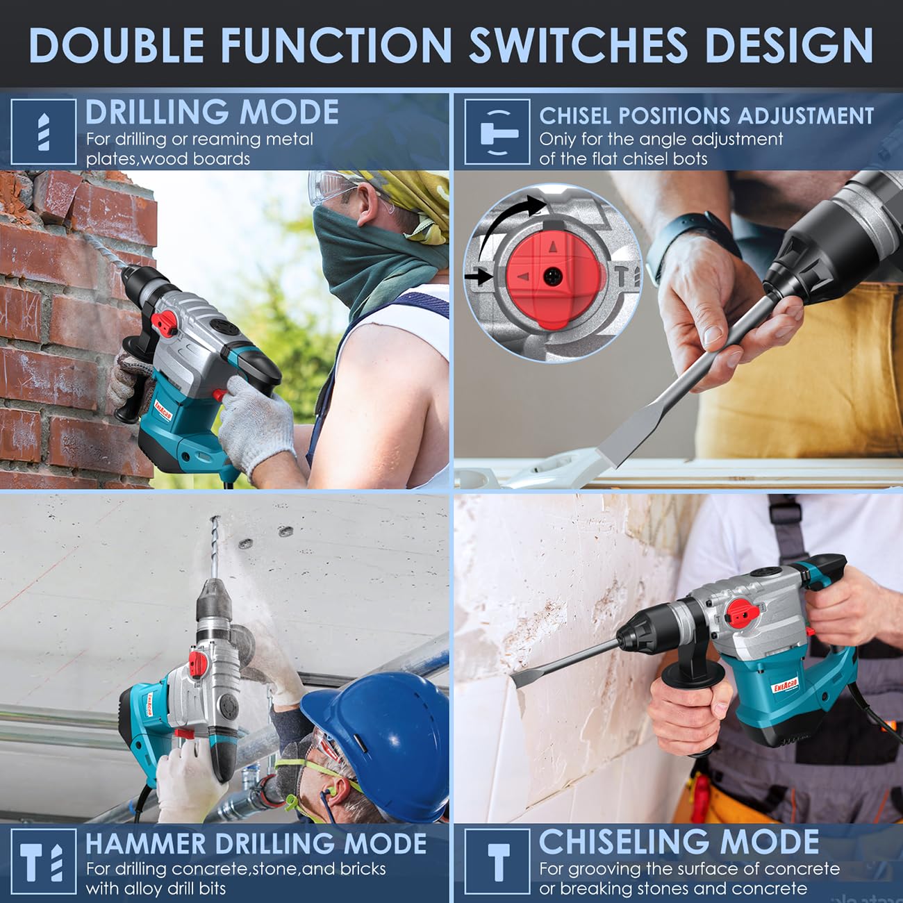 ENEACRO 1-1/4 Inch SDS-Plus 13 Amp Heavy Duty Rotary Hammer Drill with Safety Clutch | 4-Function Vibration Control | Includes Grease, Chisels & Drill Bits in Carrying Case | Perfect for Concrete Drilling, Demolition & Masonry Work