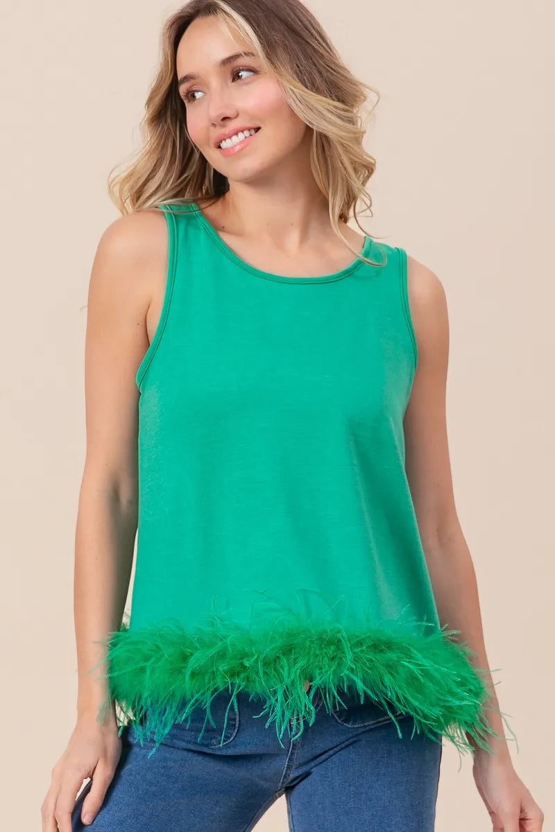 BiBi French Terry Faux Feather Bottom Back Tied Top - Women's Stylish Casual Loungewear for Home, Yoga & Outings