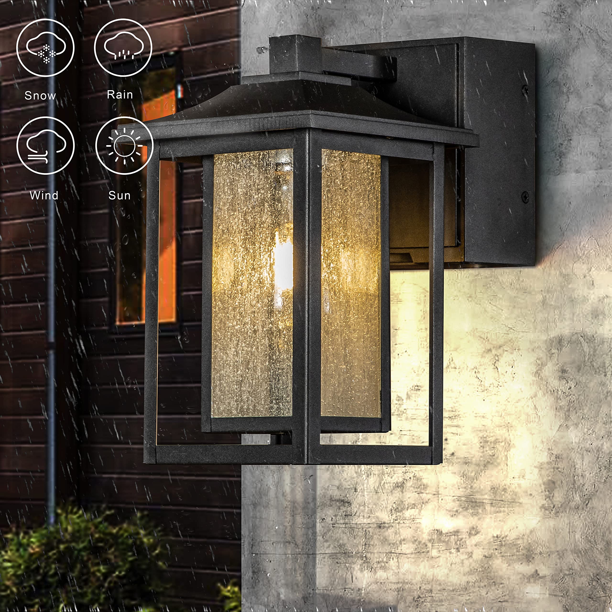Black Outdoor Wall Light with Dusk to Dawn Sensor & Motion Detection - Seeded Glass Porch Light Fixture with GFCI Outlet - Perfect for Garage, Garden, Patio & Front Porch Security Lighting