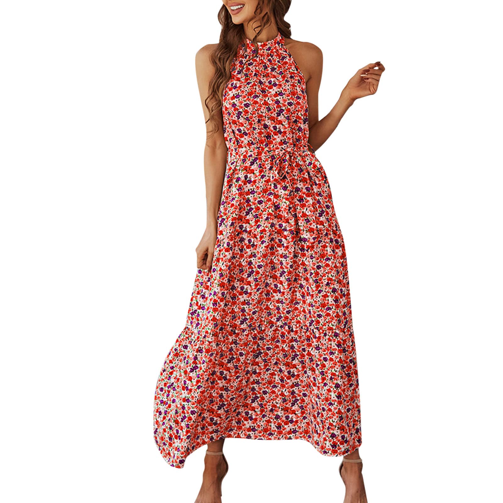Women's Floral Halter Backless Maxi Dress - Elegant Sleeveless Midi Dress for Summer Beach, Party & Vacation - Casual Boho Chic Flowy Dress for Women