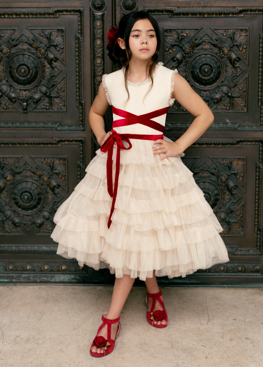 Geneva Petticoat Dress - Cream & Scarlet Vintage Style Swing Dress for Women | Perfect for Tea Parties, Weddings & Retro Fashion Events