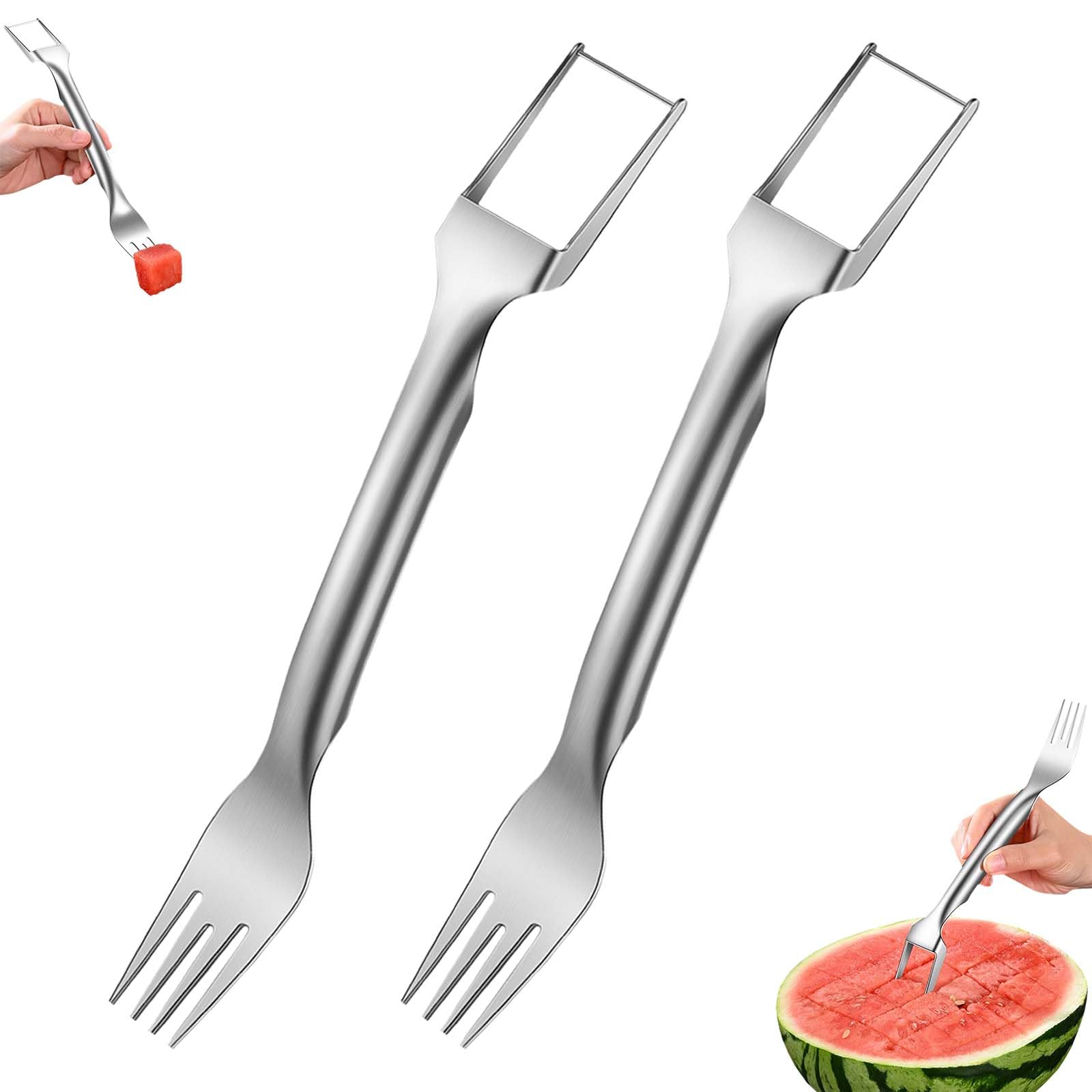 2024 New 2-in-1 Stainless Steel Fruit Cutter - Dual Head Watermelon Slicer & Fork Tool Set (2Pcs) - Perfect for Picnics, BBQs, and Summer Fruit Parties