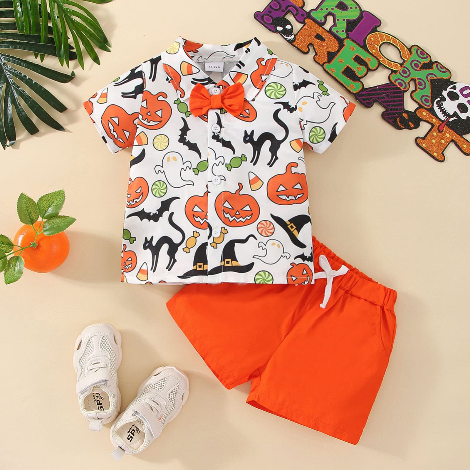 Boys Halloween Costume Set - Short Sleeve Pumpkin Print T-Shirt & Gentleman Style Shorts for Toddlers | Cute Kids Party Outfit for Trick or Treating