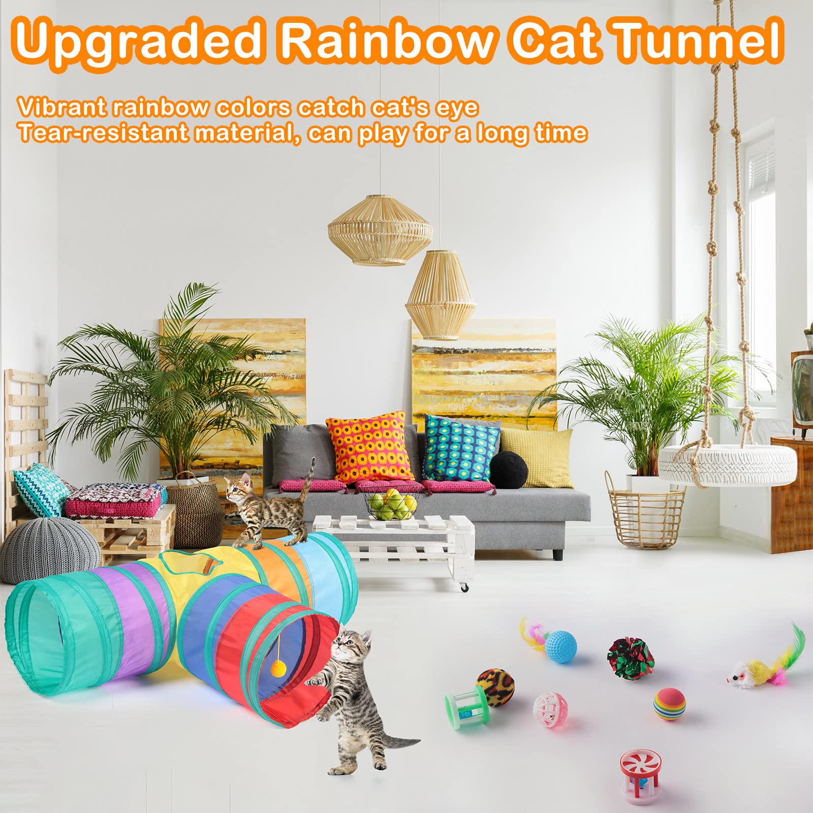 Wettarn 22-Piece Cat Toys Set with 2 Collapsible Tunnels & 20 Interactive Kitten Toys - Feather Mice, Crinkle Balls, Tubes for Indoor Cats & Puppies (Colorful) - Perfect for Playtime, Exercise & Bonding