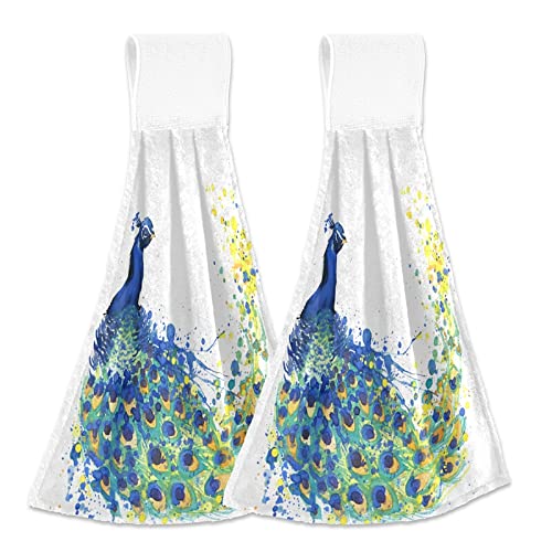 Watercolor Peacock Kitchen Hand Towels Set of 2 - Super Soft Absorbent Dishcloths & Washcloths for Bathroom & Toilet Decor | Perfect for Kitchen, Dining & Guest Bathroom
