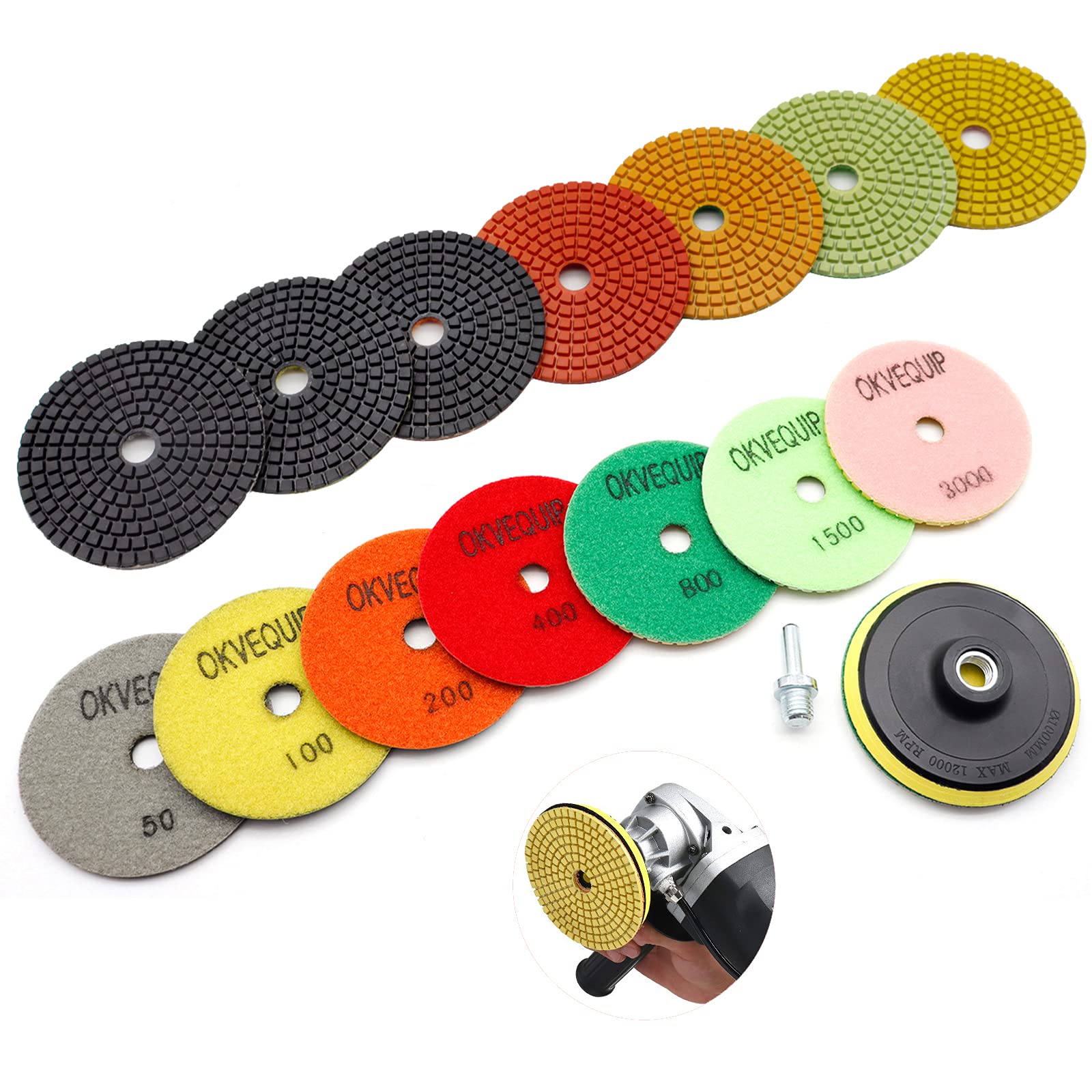 8Pcs Diamond Polishing Pads 4 Inch Wet/Dry for Granite, Quartz, Concrete, Marble - 50# to 3000# Grit with 5/8