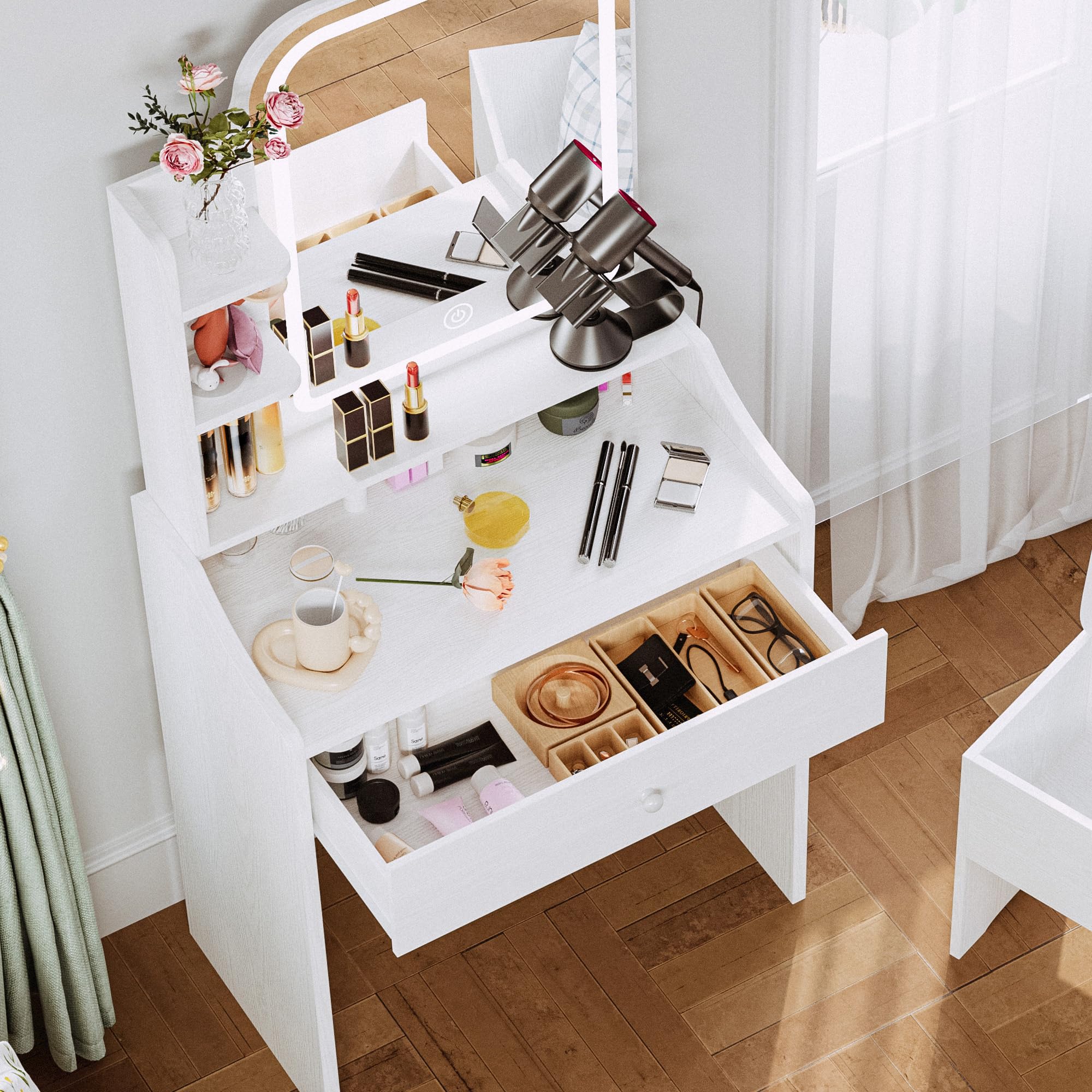 LIKIMIO Small White Makeup Vanity Desk with LED Lights & Mirror - Vanity Table Set with Storage Drawer, Chair & 3 Shelves for Bedroom - Perfect for Makeup Organization & Dressing Room Decor