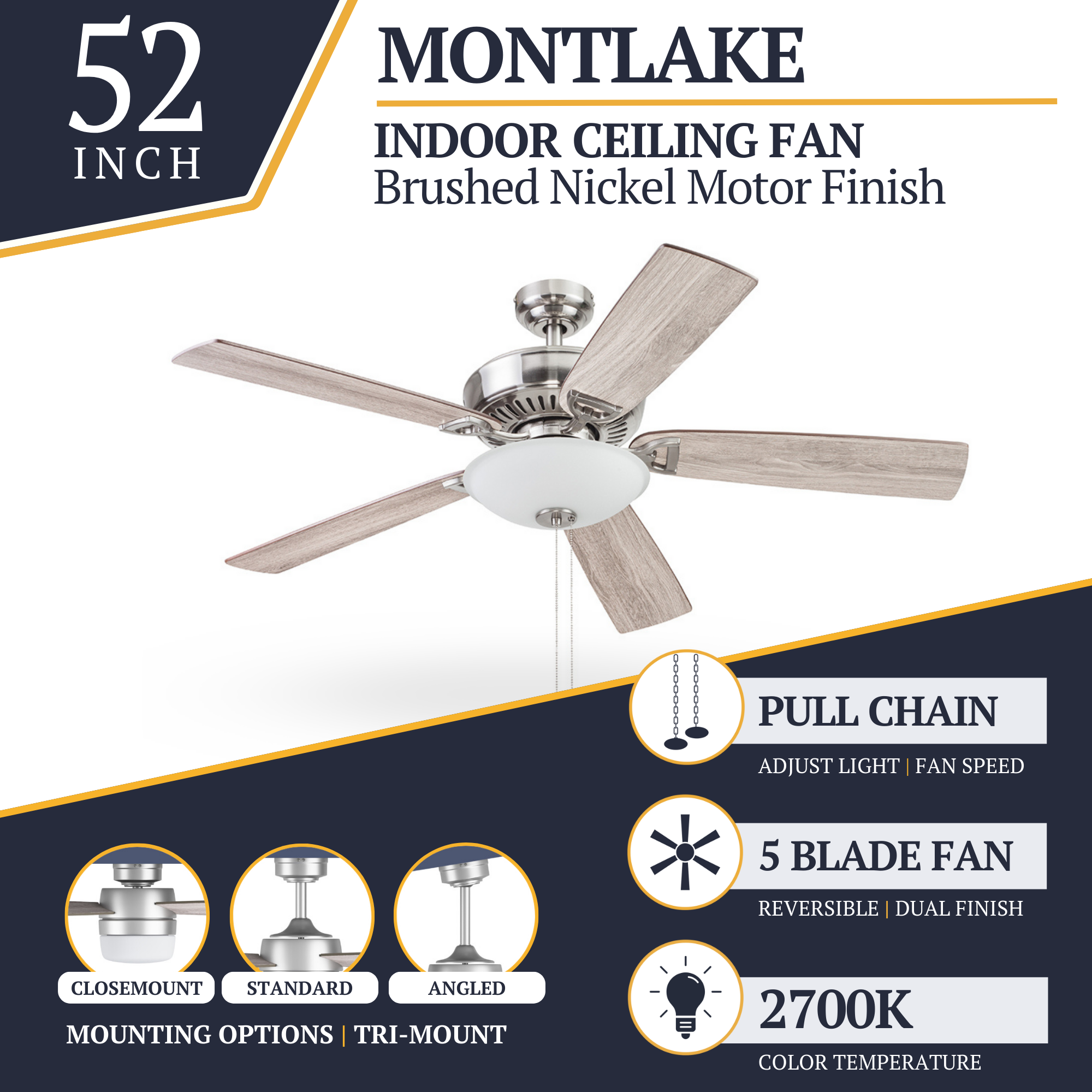 52 Inch Montlake Brushed Nickel Ceiling Fan with Pull Chain - Modern Indoor Cooling for Living Room, Bedroom & Office