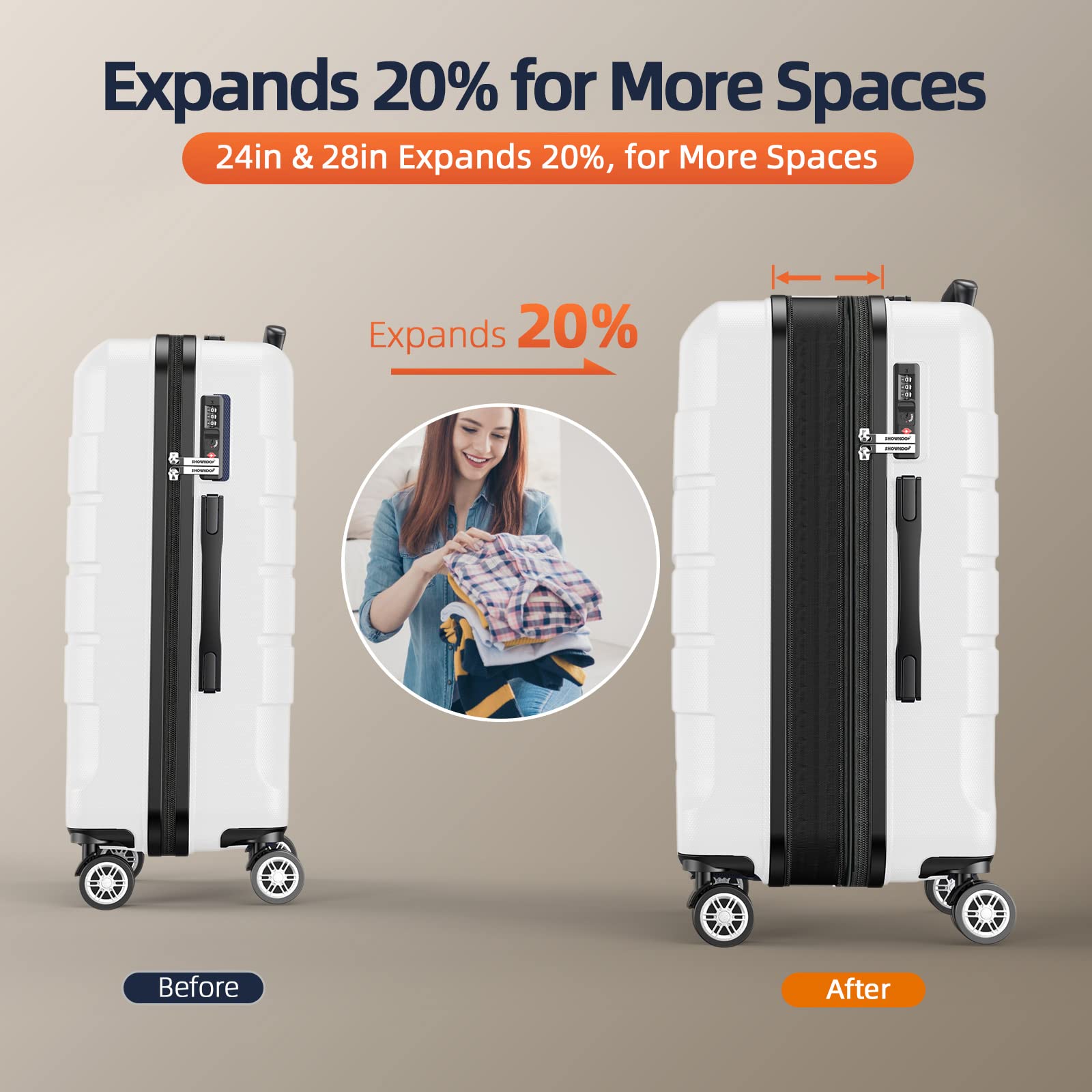 SHOWKOO Expandable Luggage Set - 3-Piece Durable PC+ABS Suitcases with Double Spinner Wheels & TSA Lock (White) - Perfect for International Travel, Business Trips & Family Vacations