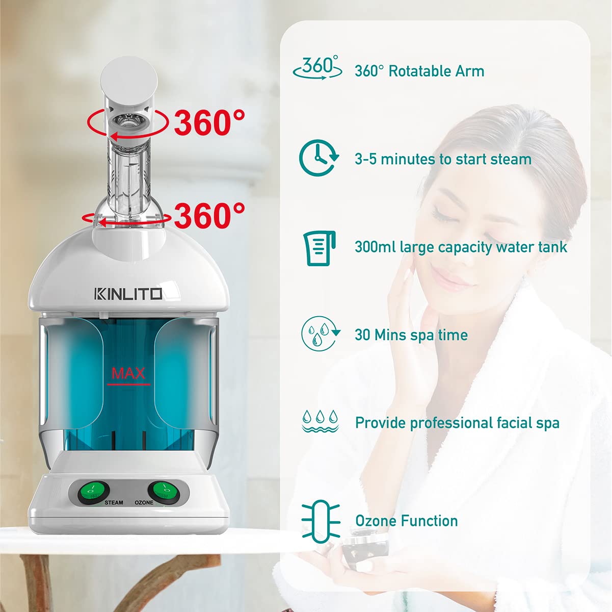 Professional Ozone Facial Steamer with 360° Rotatable Arm - 40 Minute Steam Time for Deep Cleansing - Portable Humidifier for Unclogging Pores & Blackheads - Perfect for Home Spa & Salon Facial Treatments (White) - Ideal for Skincare Routine, Relaxation & Professional Beauty Services