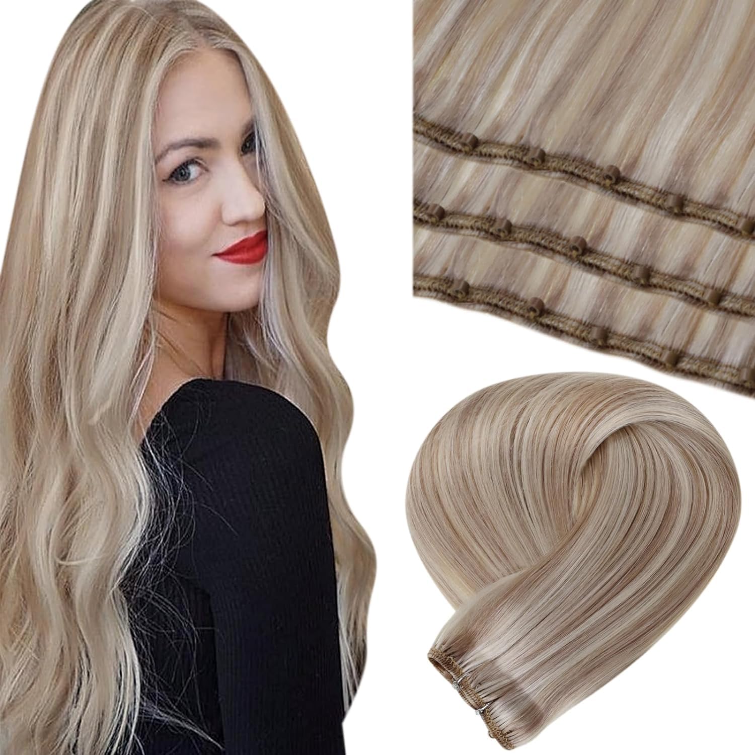 LaaVoo 18 Inch Beaded Weft Hair Extensions - 50G & 100G Real Human Hair with Ash Blonde Highlights for Sew-In | Natural Look for Daily Wear, Parties & Special Occasions