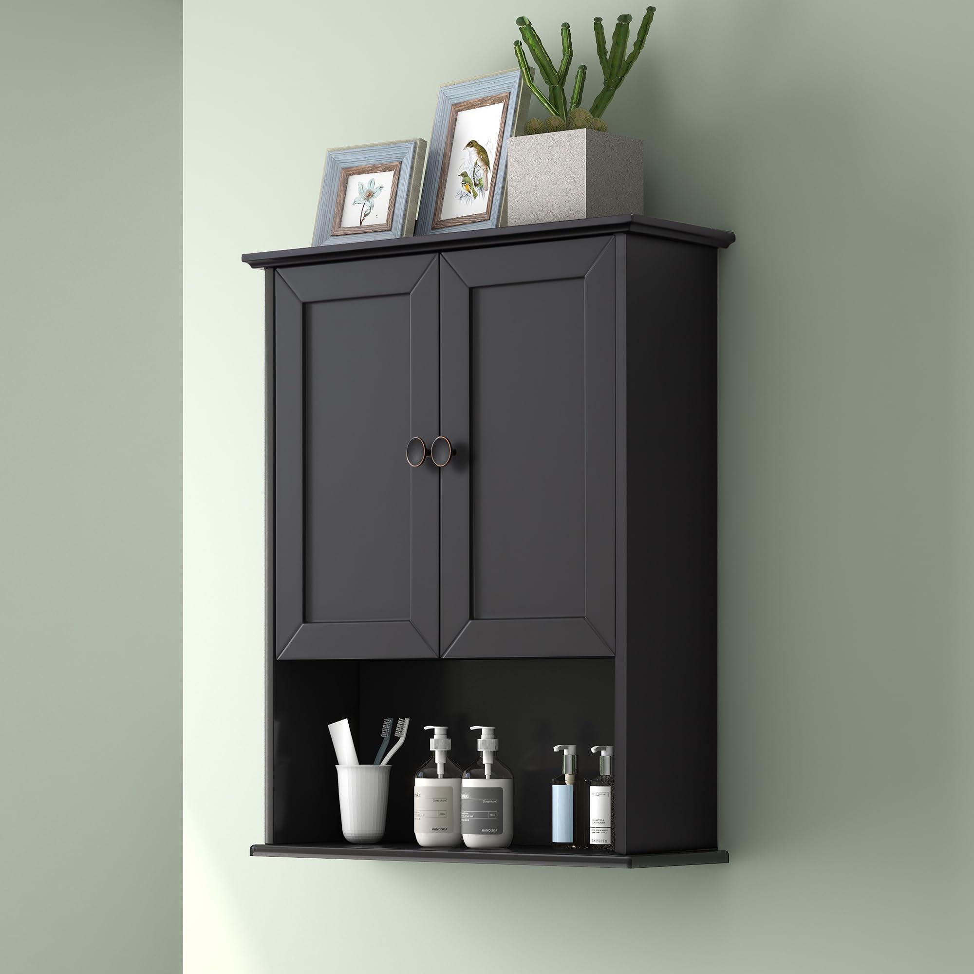 24x30 Inch Black Wooden Over Toilet Bathroom Wall Cabinet with Adjustable Shelf & Soft Hinge - 2-Door Wall Mounted Medicine Storage Cabinet with Metal Handle for Bathroom Organization & Small Space Saving