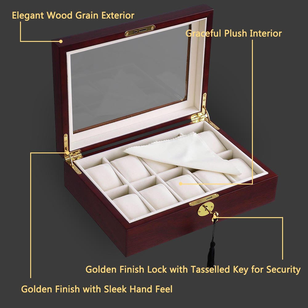 TheLAShop 10-Slot Wooden Watch Display Case with Glass Top - Perfect for Jewelry Stores, Watch Collectors, and Home Decor