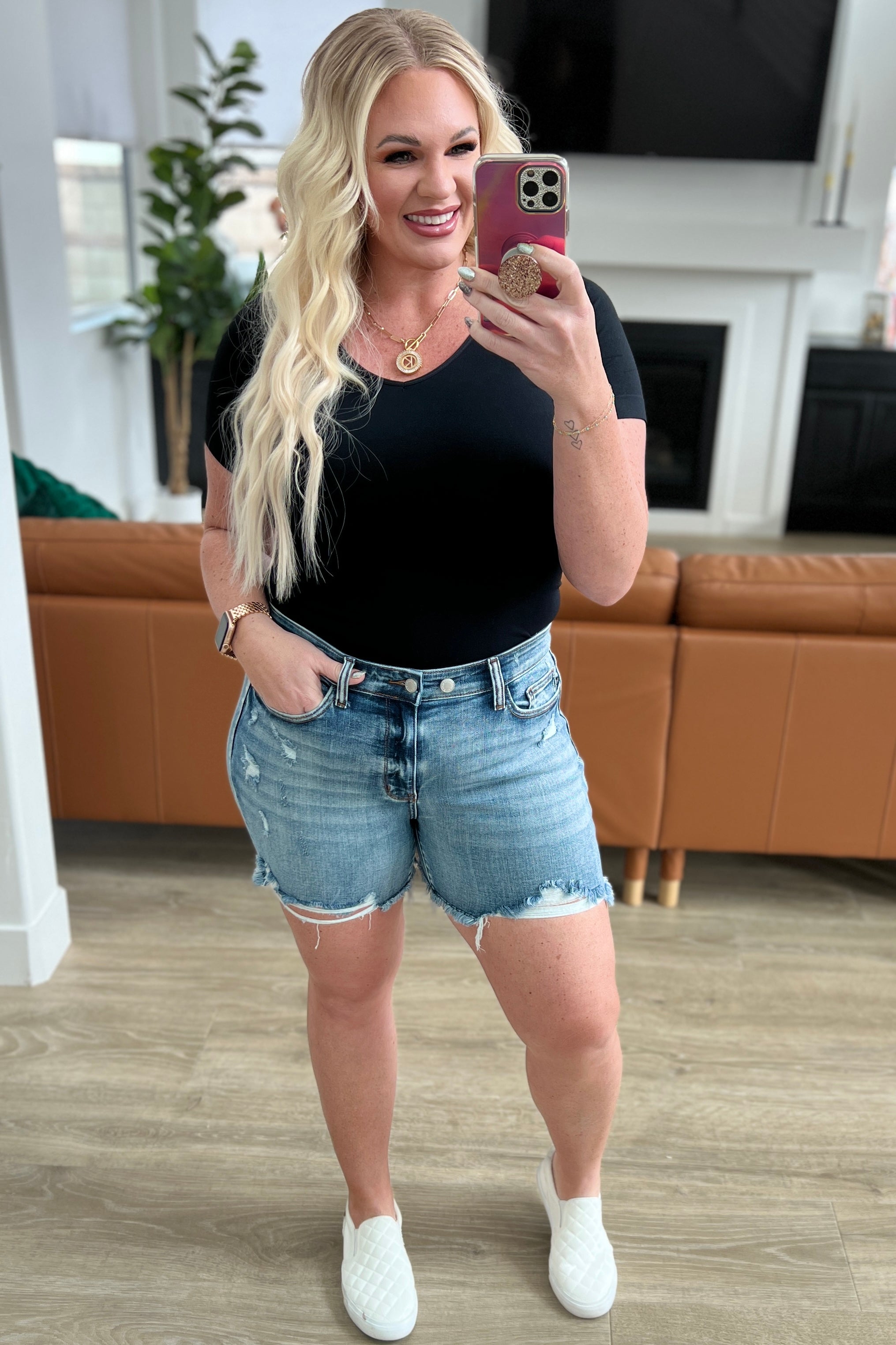 Callie High Rise Adjustable Button Cutoff Denim Shorts for Women - Trendy Distressed Summer Fashion for Casual Outings & Beach Vacations