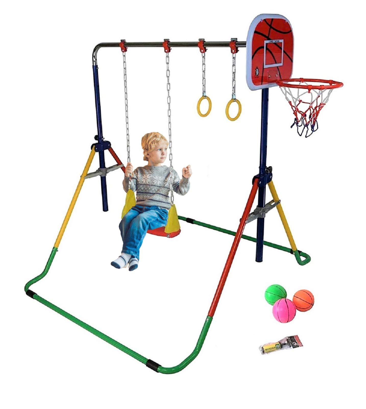 Adjustable 5-in-1 Gymnastics Bar for Kids - Foldable Horizontal Kip Bar with Tumbling Mat, Swing Seat, Trapeze Rings & Basketball Hoop - Home Training Equipment for Junior Gymnasts - Perfect for Indoor Playrooms, Backyard Fun & Preschool Exercise