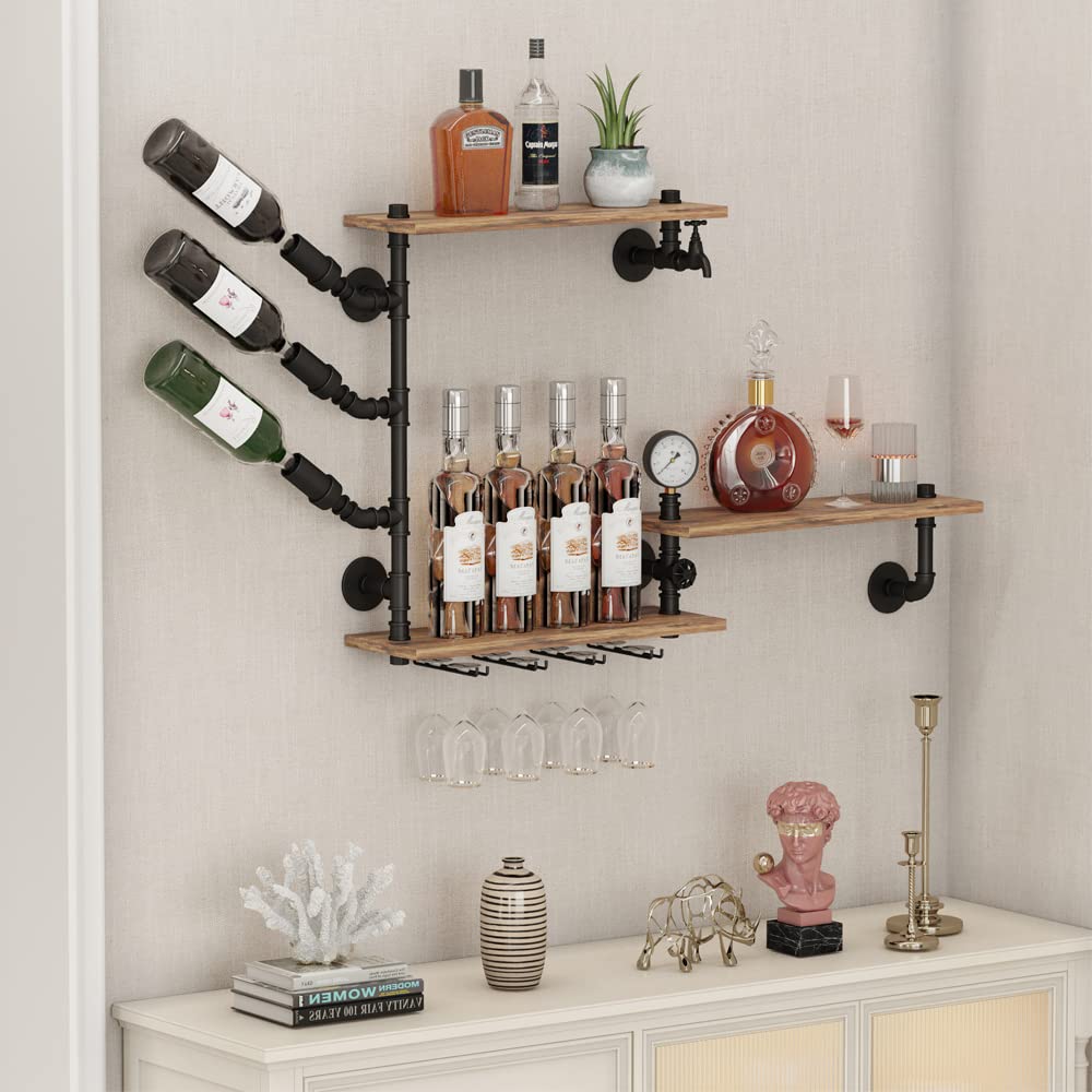 3 Tier Industrial Wall Wine Rack - 46 Inch Floating Bar Shelf with 4 Stem Glass Holder | Pipe Shelving for Wine & Liquor Storage | Wall Mounted Kitchen & Living Room Decor (Black) | Perfect for Home Bars, Dining Rooms & Entertaining Spaces