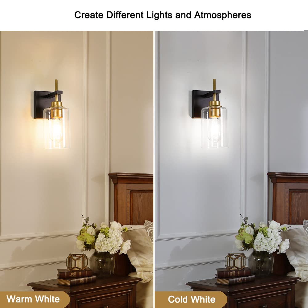 Black Gold Wall Sconces Set of 2 - Modern Glass Bathroom Lighting for Bedroom Living Room