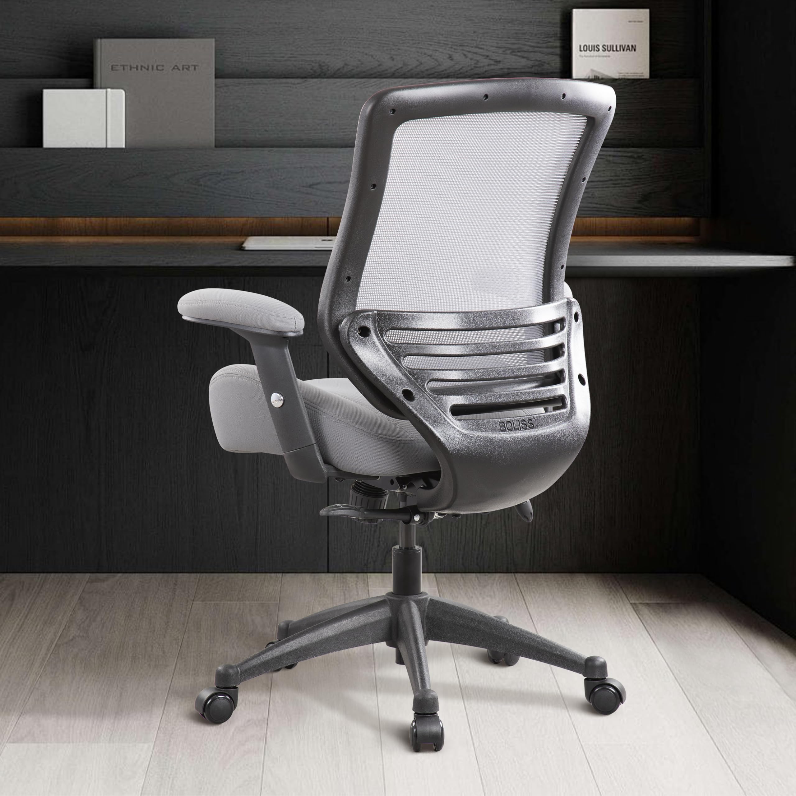 BOLISS 400lbs Capacity Ergonomic Mesh Office Chair with Adjustable Arms - Super Soft Wide Cushion, Breathable Backrest - Perfect for Home Office, Gaming & Computer Work (Grey)