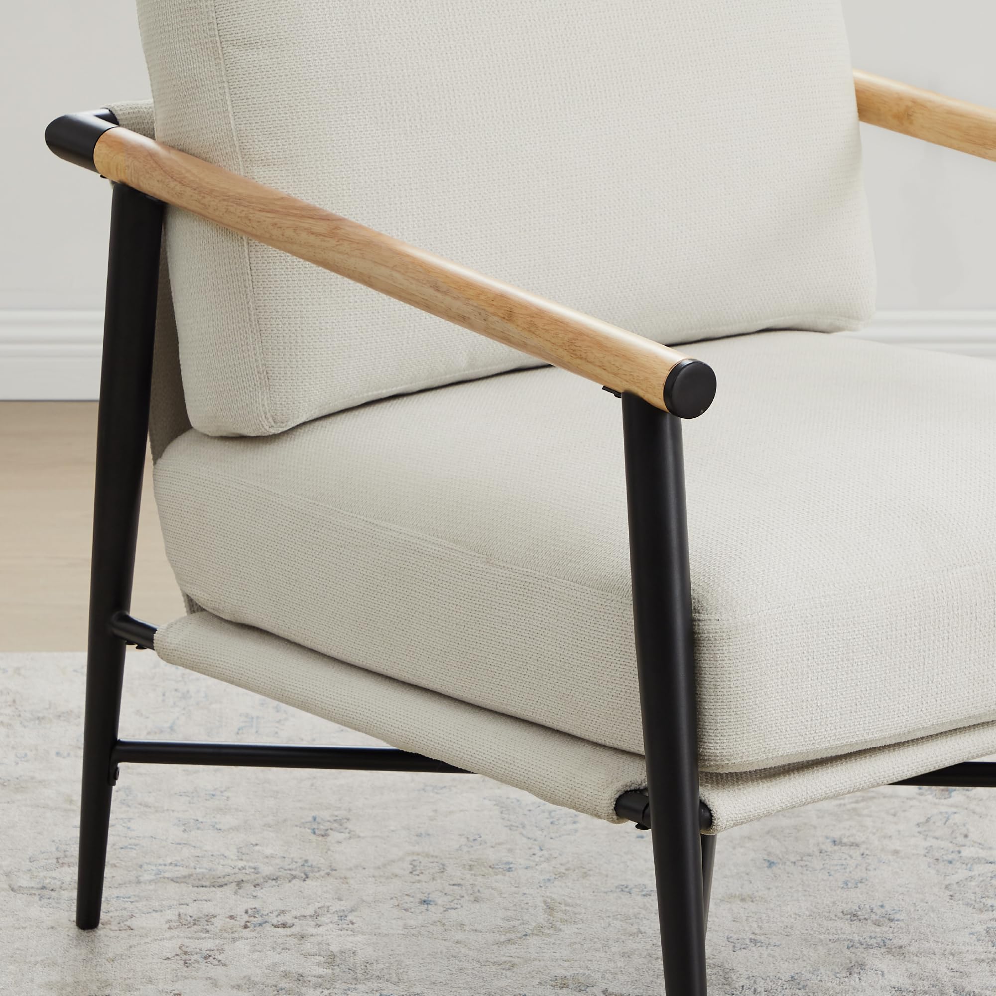 Watson & Whitely Mid Century Modern Accent Chair - Upholstered Lounge Armchair with Sturdy Metal Frame & Wooden Armrests - Comfortable Reading Chair for Living Room, Bedroom, Office - Perfect for Relaxing, Reading & Home Decor (White)