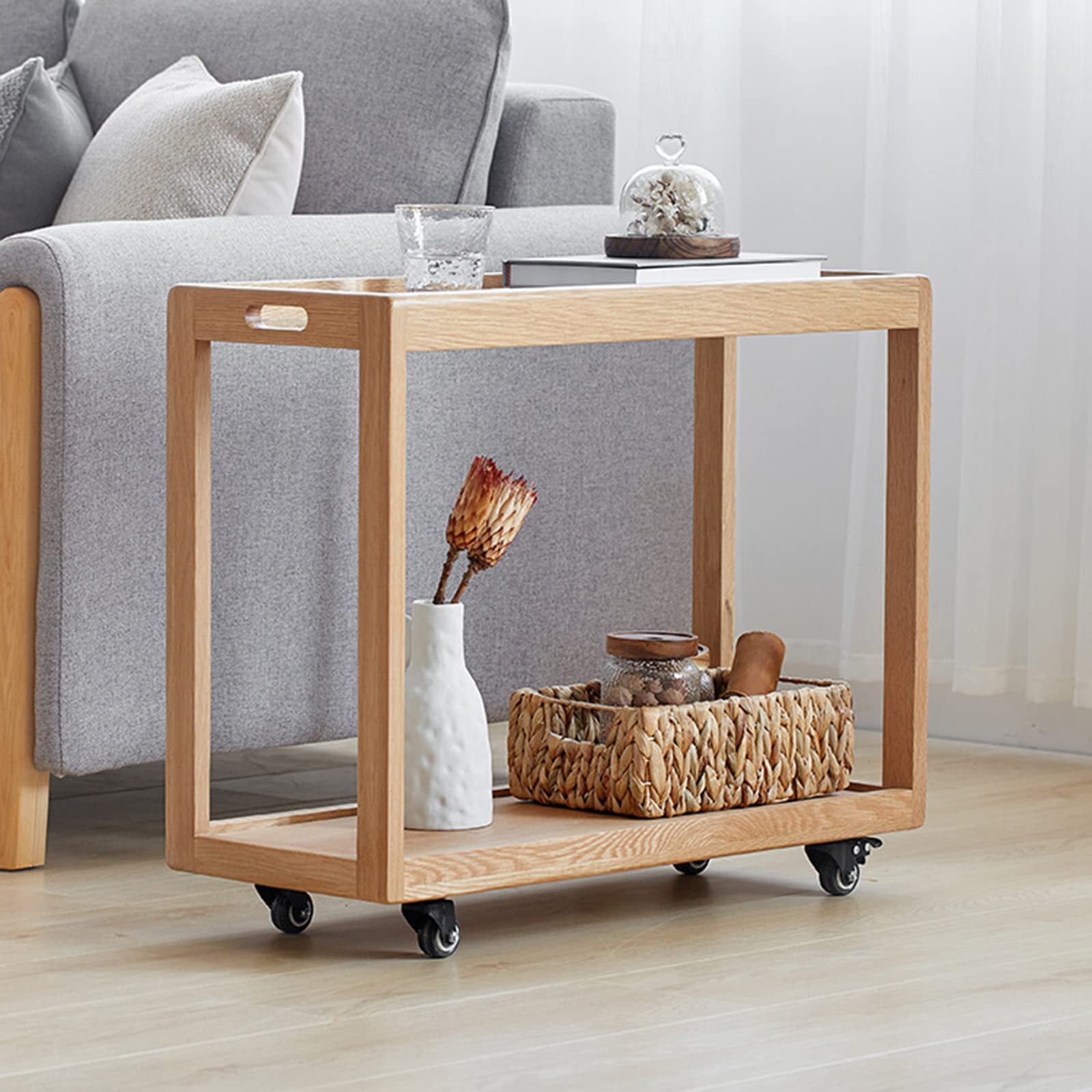 2-Tier Rolling Side Table with Glass Tray - Modern Oak Wood Coffee Table with Wheels, Mobile Snack Tray & Storage Shelf (22.1