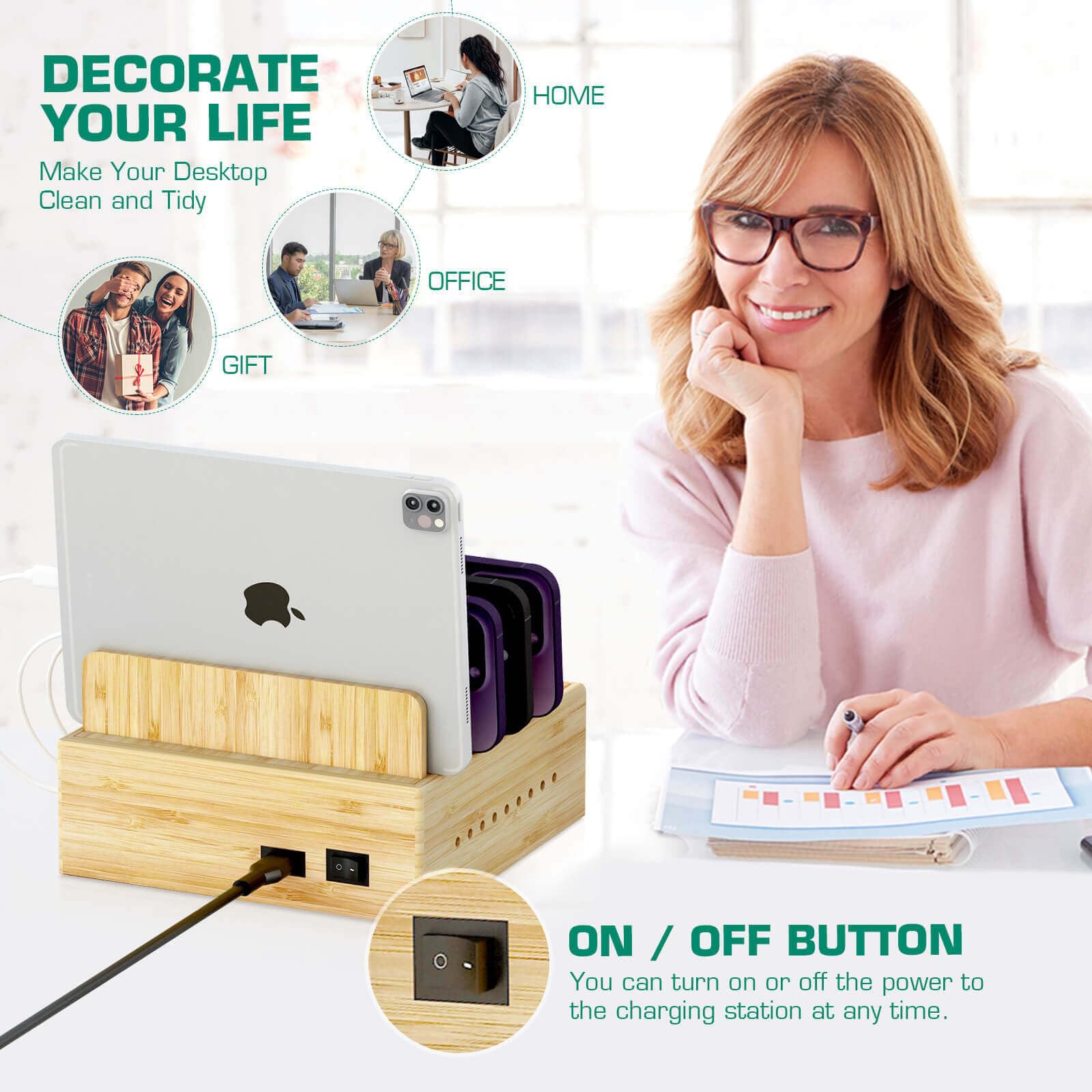 Darfoo 7-Port Bamboo Charging Station for Multiple Devices - Wooden USB Hub with Watch & Earbud Stand for iPhone, Android, iPad, Smartwatch & AirPods - Perfect for Home, Office & Nightstand Organization